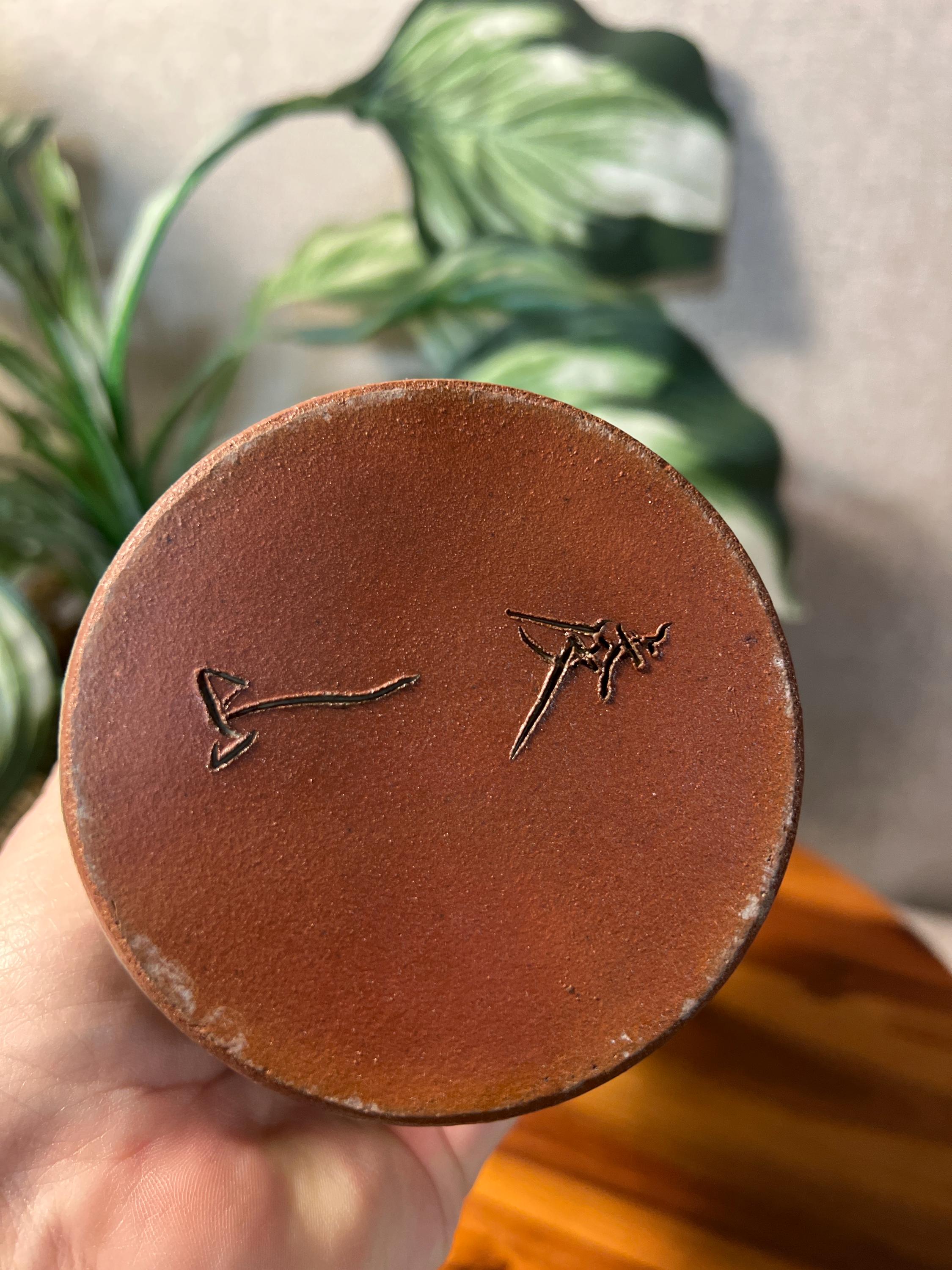 Mid Century Studio Art Pottery Tan Olive Green Modernist Vase Artist Sign