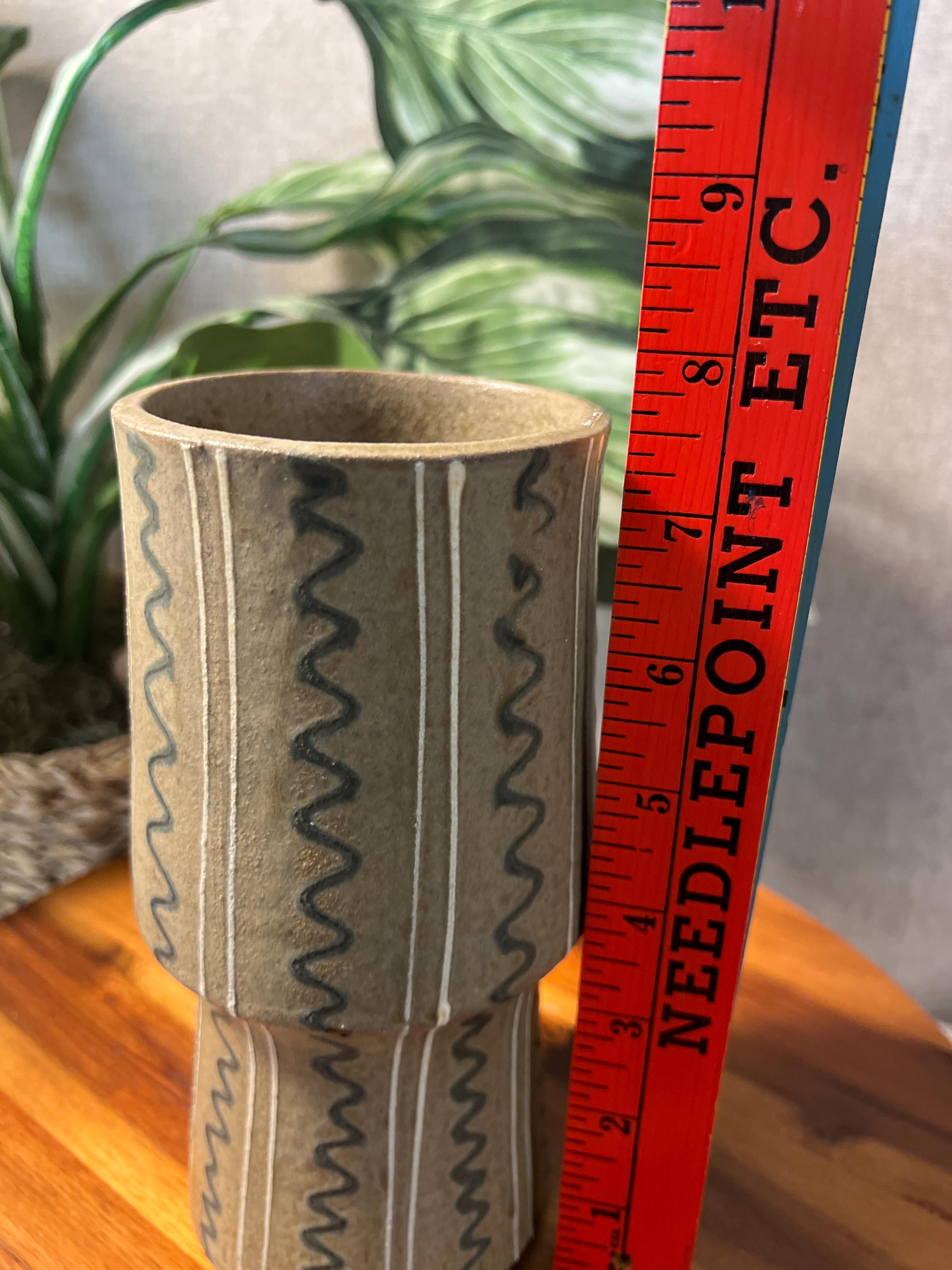 Mid Century Studio Art Pottery Tan Olive Green Modernist Vase Artist Sign