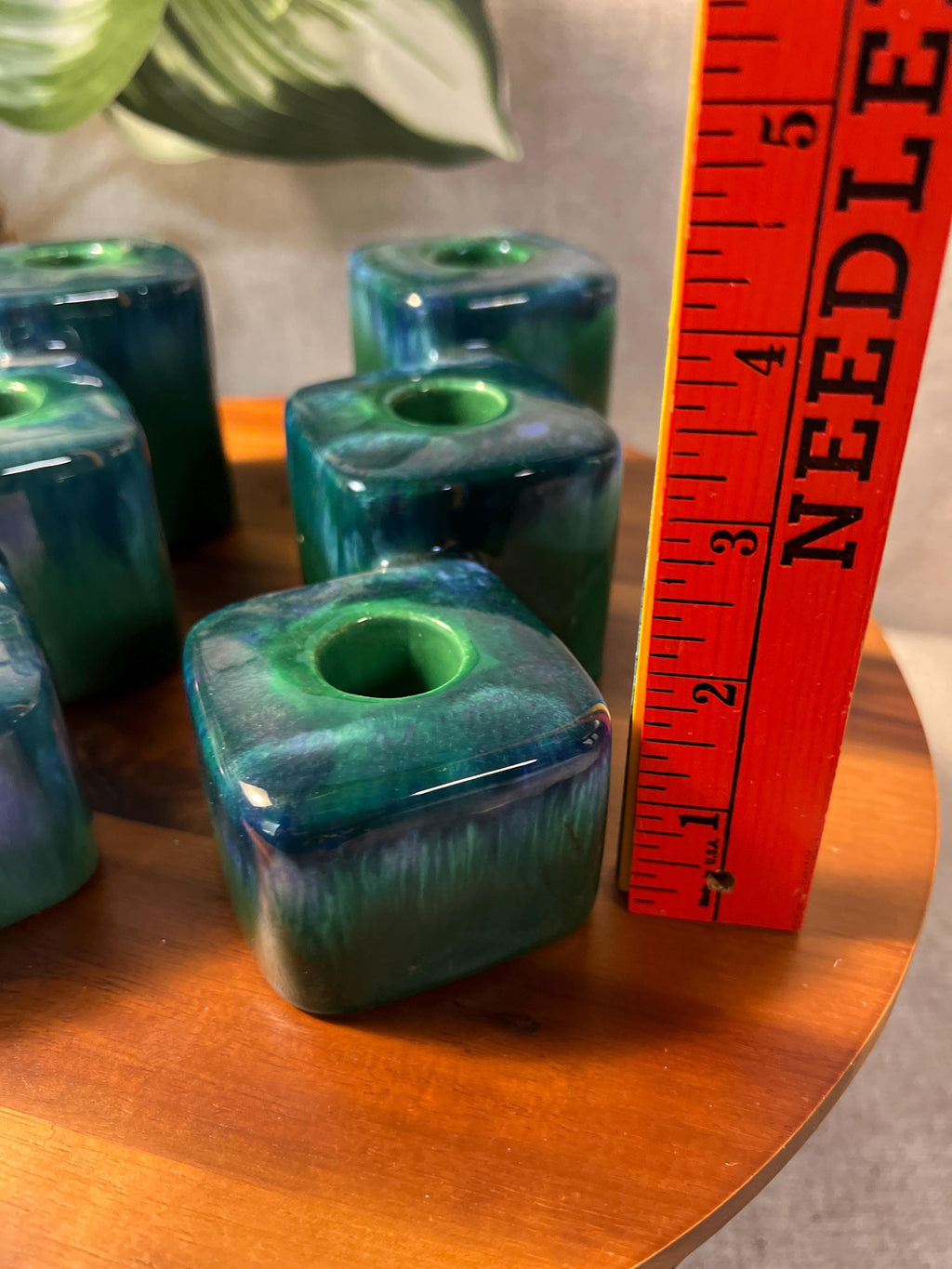 Royal Haeger Pottery Block Candle Holders Green Agate Blue Pair MCM