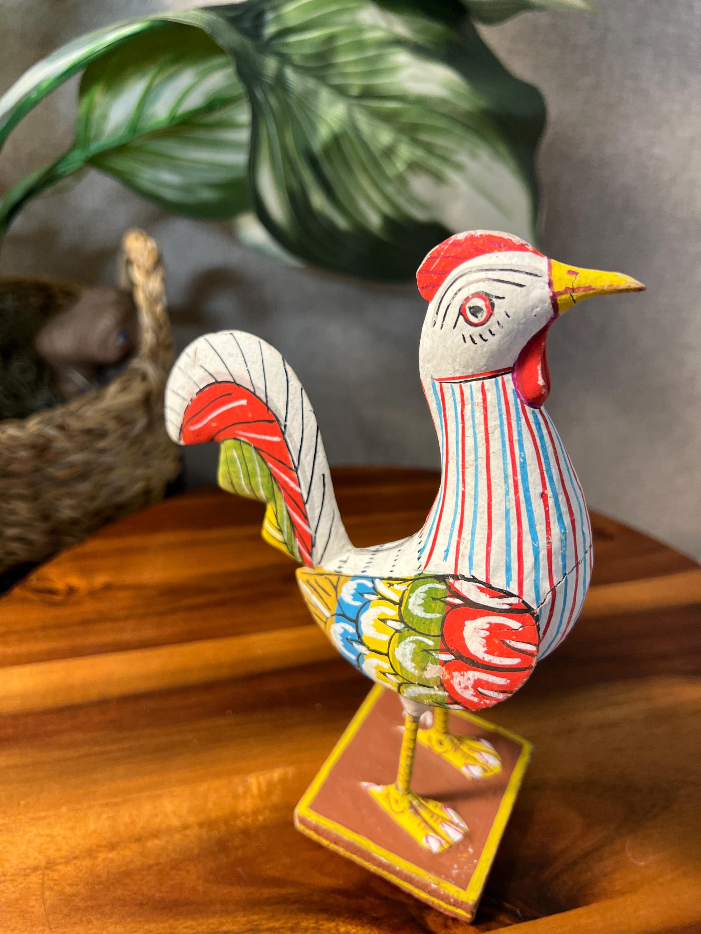 Handcrafted Barnyard Odisha India Wooden Rooster Folk Art Sculpture - Vintage