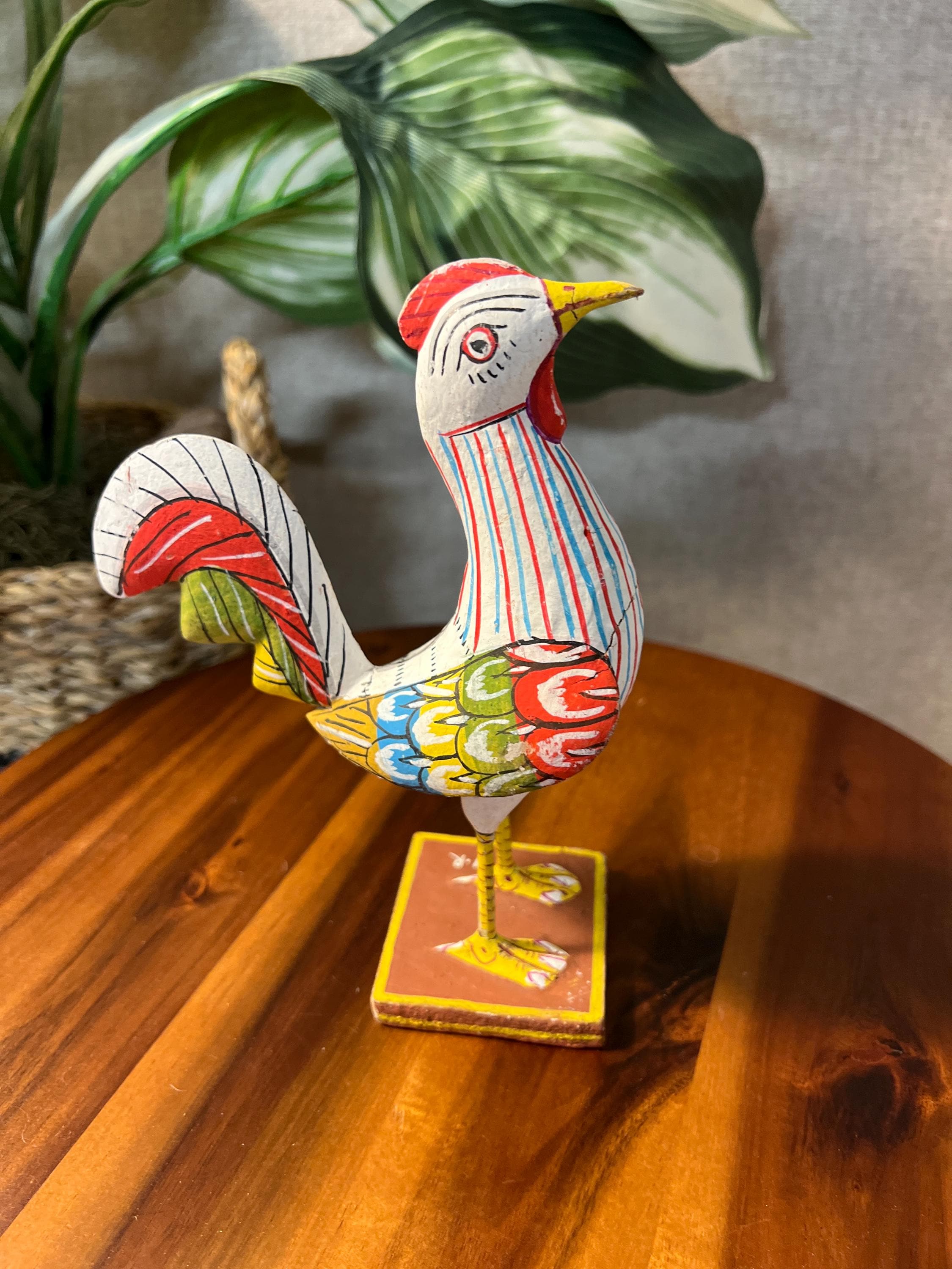 Handcrafted Barnyard Odisha India Wooden Rooster Folk Art Sculpture - Vintage