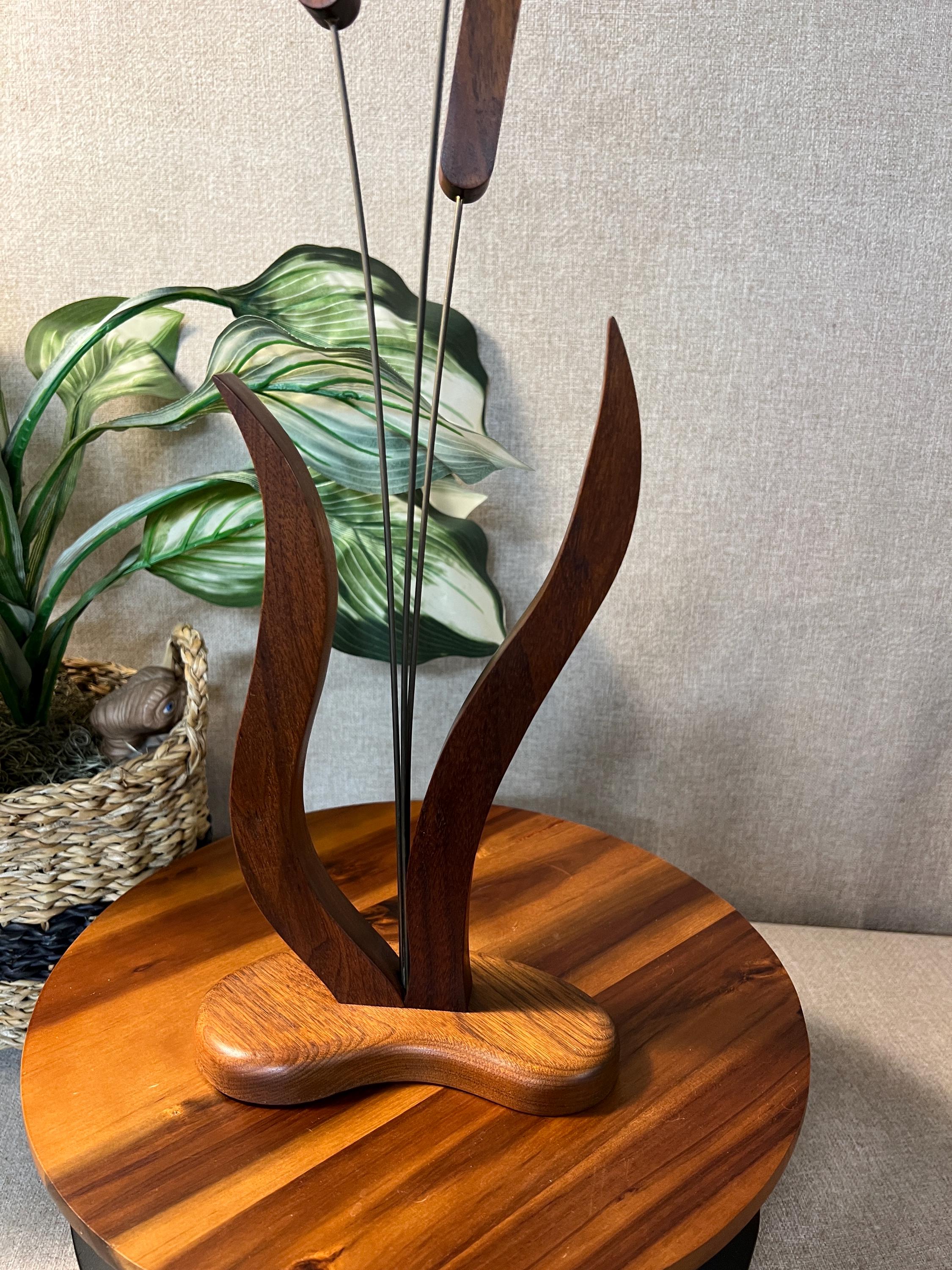 Vintage Wood Cattail Sculpture MCM Handcrafted Uniquely Wood 23" Tall
