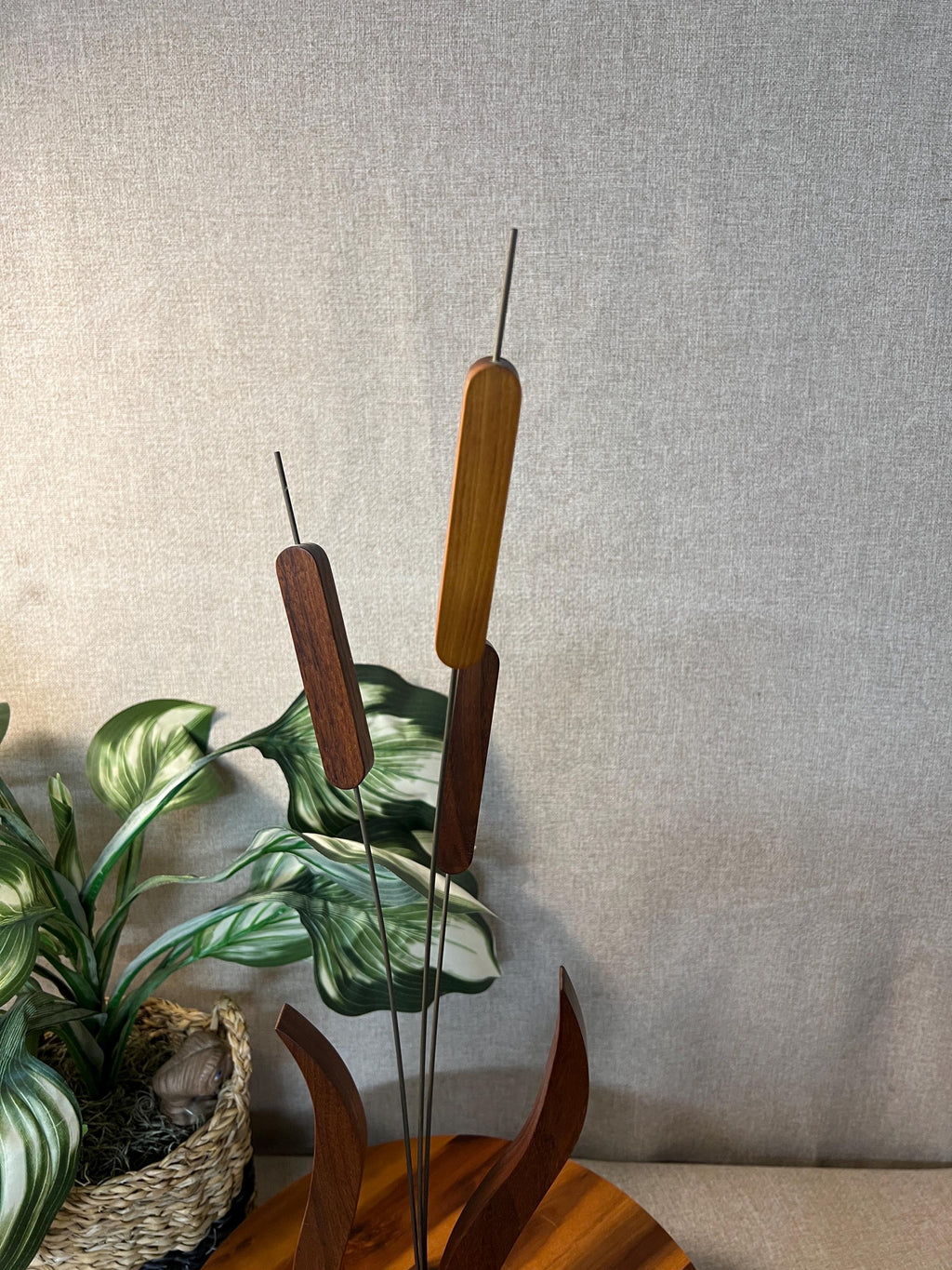 Vintage Wood Cattail Sculpture MCM Handcrafted Uniquely Wood 23" Tall
