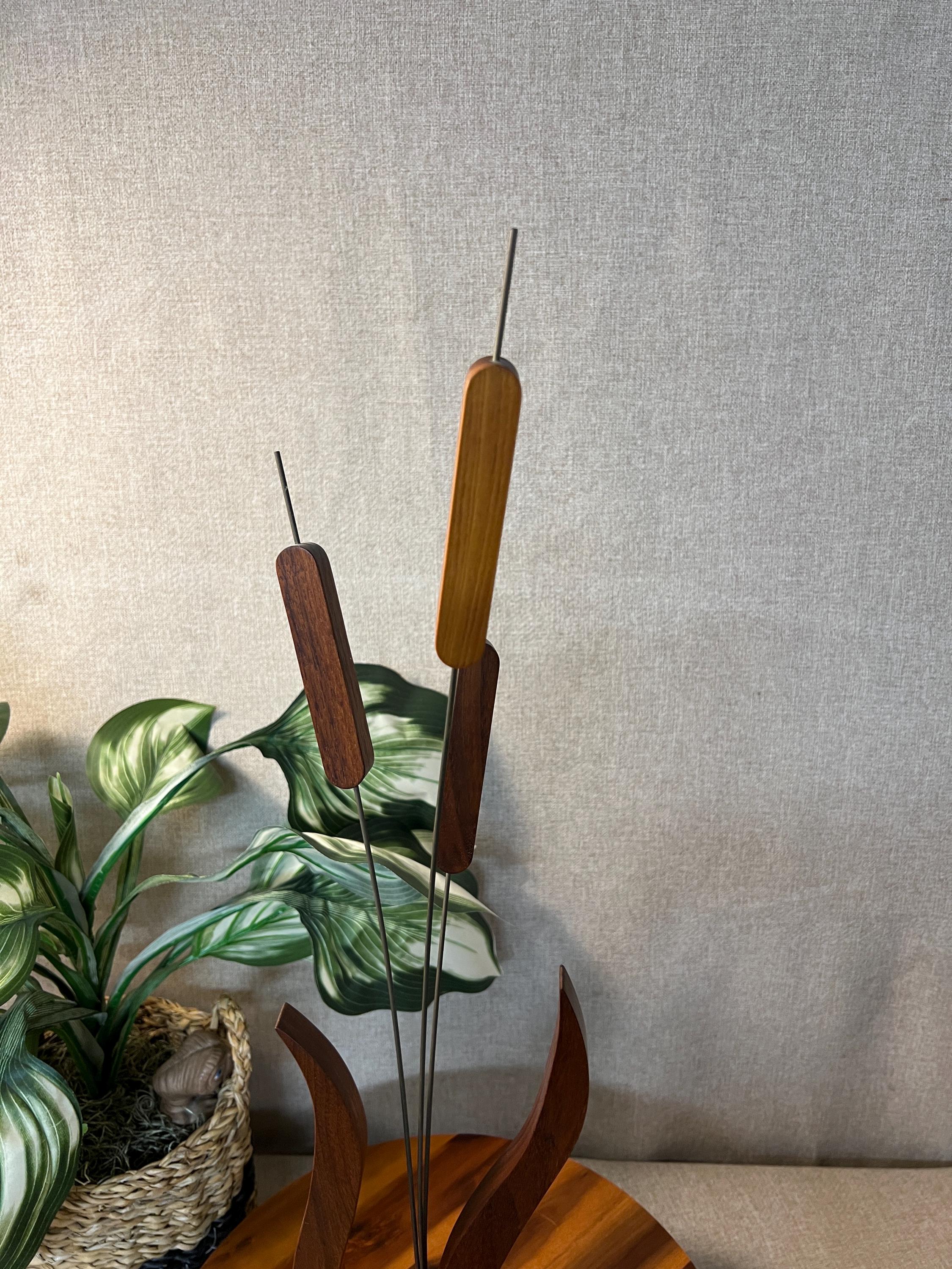 Vintage Wood Cattail Sculpture MCM Handcrafted Uniquely Wood 23" Tall