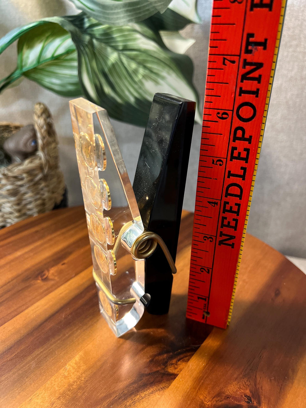 Pop Art 6" Lucite Clothes Pin Pennies Coins Paperweight Paper Clip