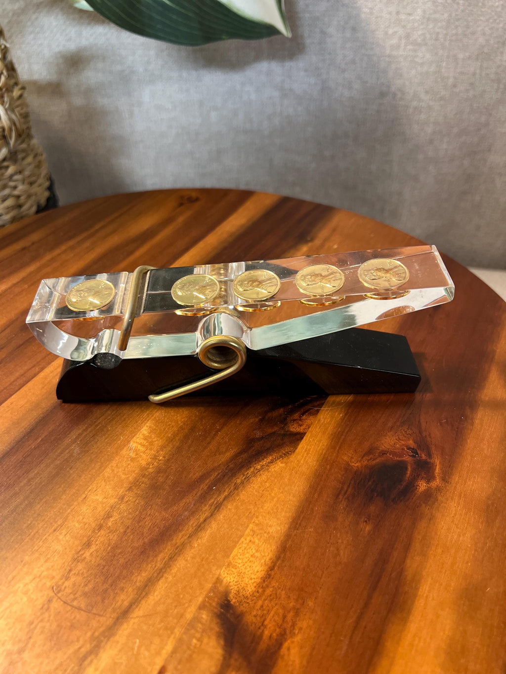 Pop Art 6" Lucite Clothes Pin Pennies Coins Paperweight Paper Clip