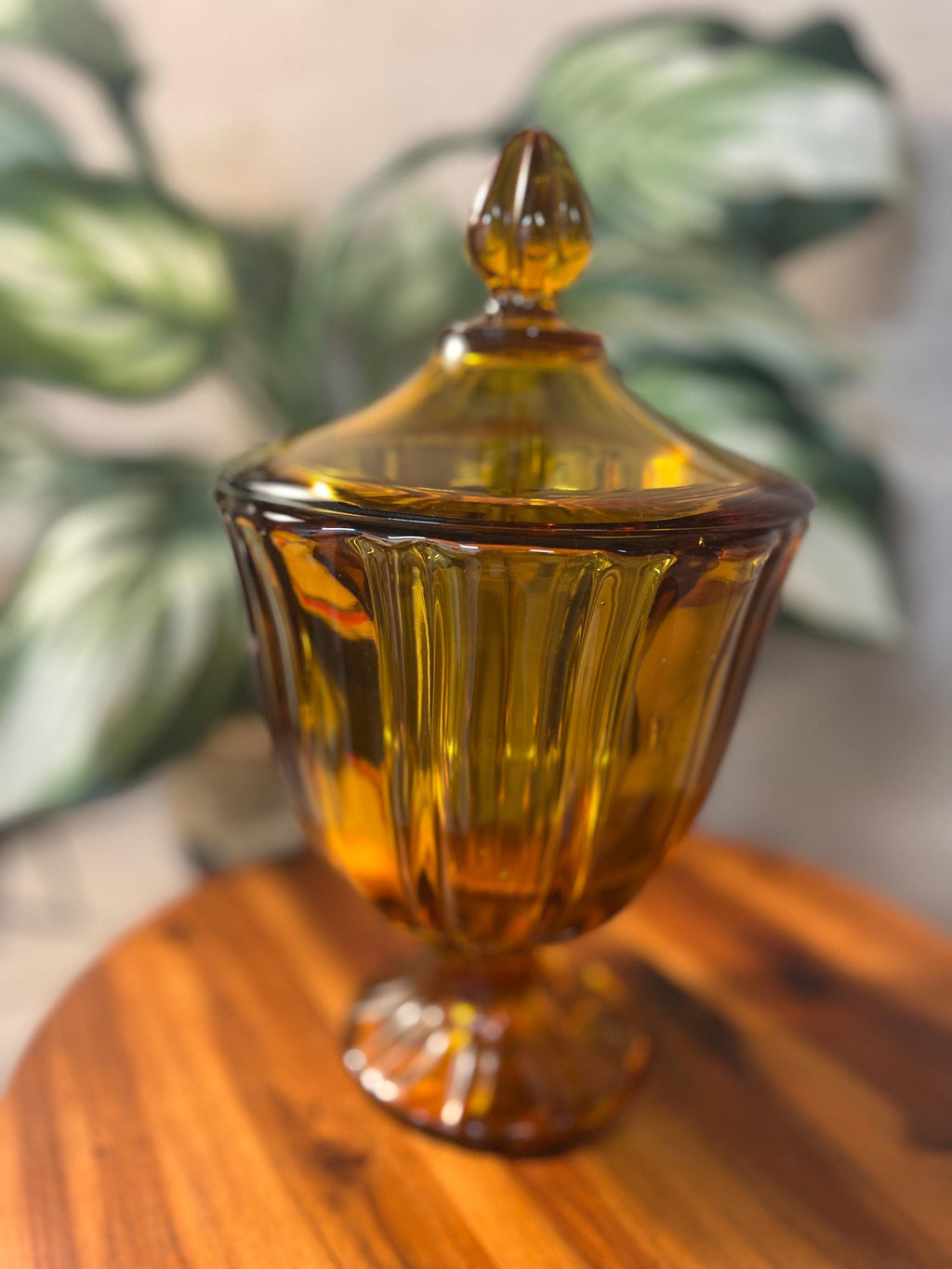 Vtg LE Smith Amber GLASS Covered Compote Candy DISH