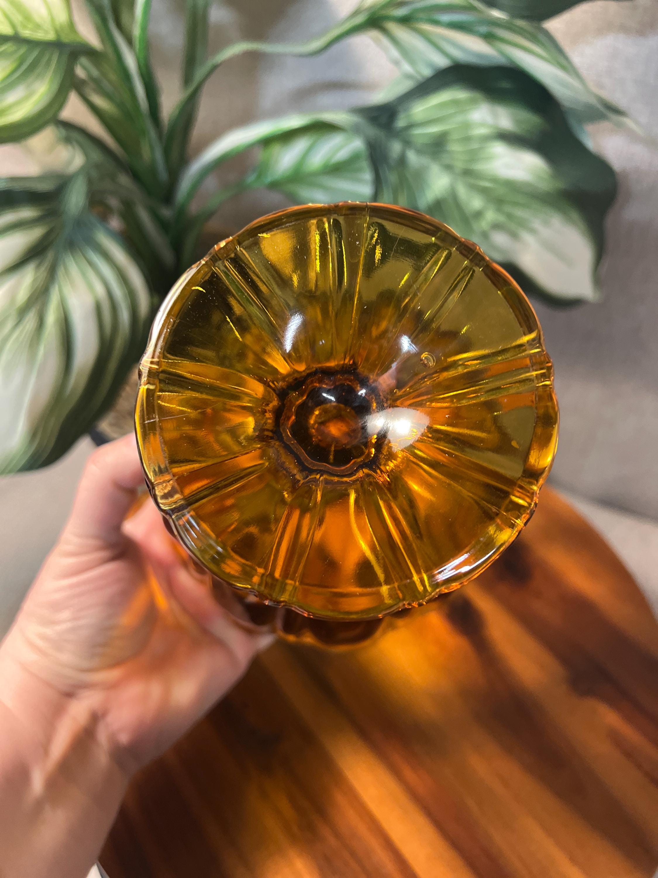 Vtg LE Smith Amber GLASS Covered Compote Candy DISH