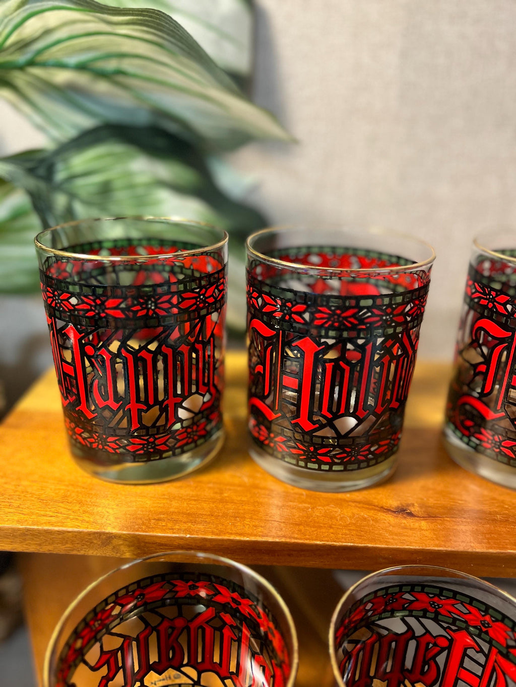 7 Houze Stained Glass Christmas Tumblers — 4" Happy Holidays Glasses