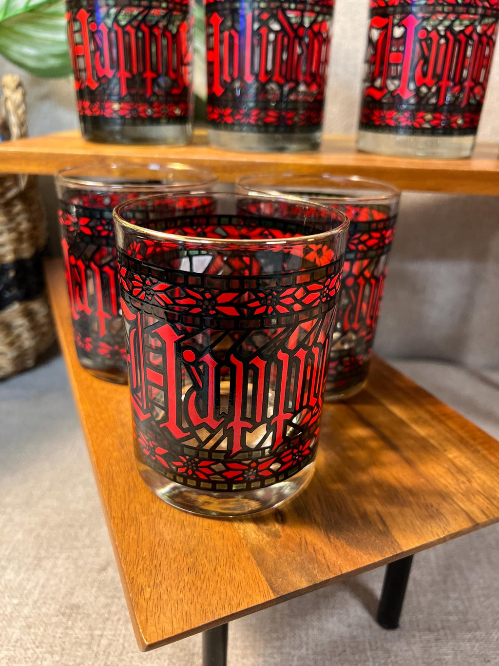 7 Houze Stained Glass Christmas Tumblers — 4" Happy Holidays Glasses