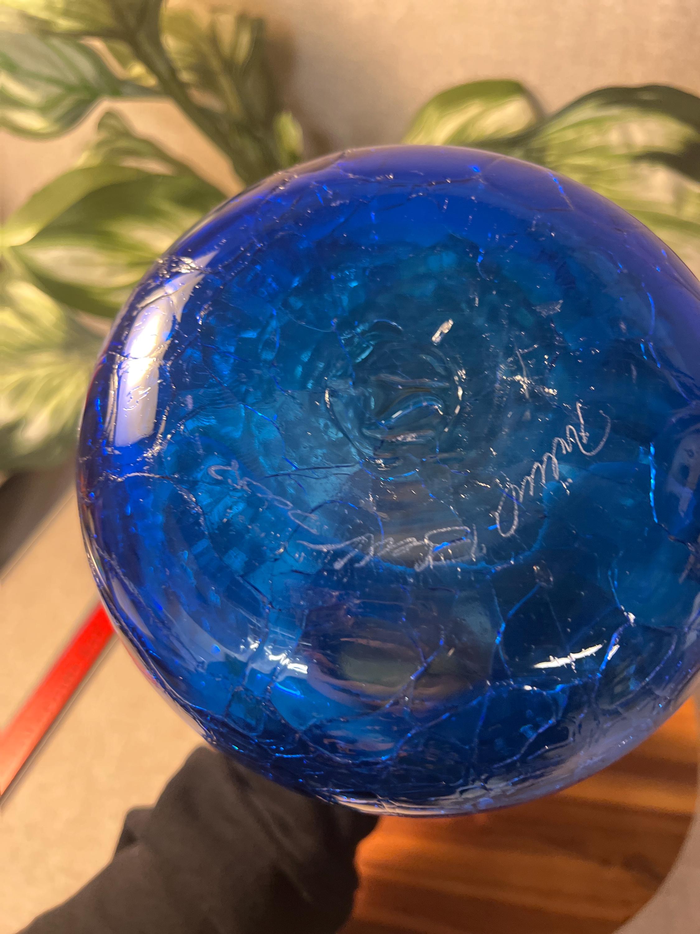 Vintage Blenko Blue Ruffled Top Crackle Vase with sticker signed Richard Blenko