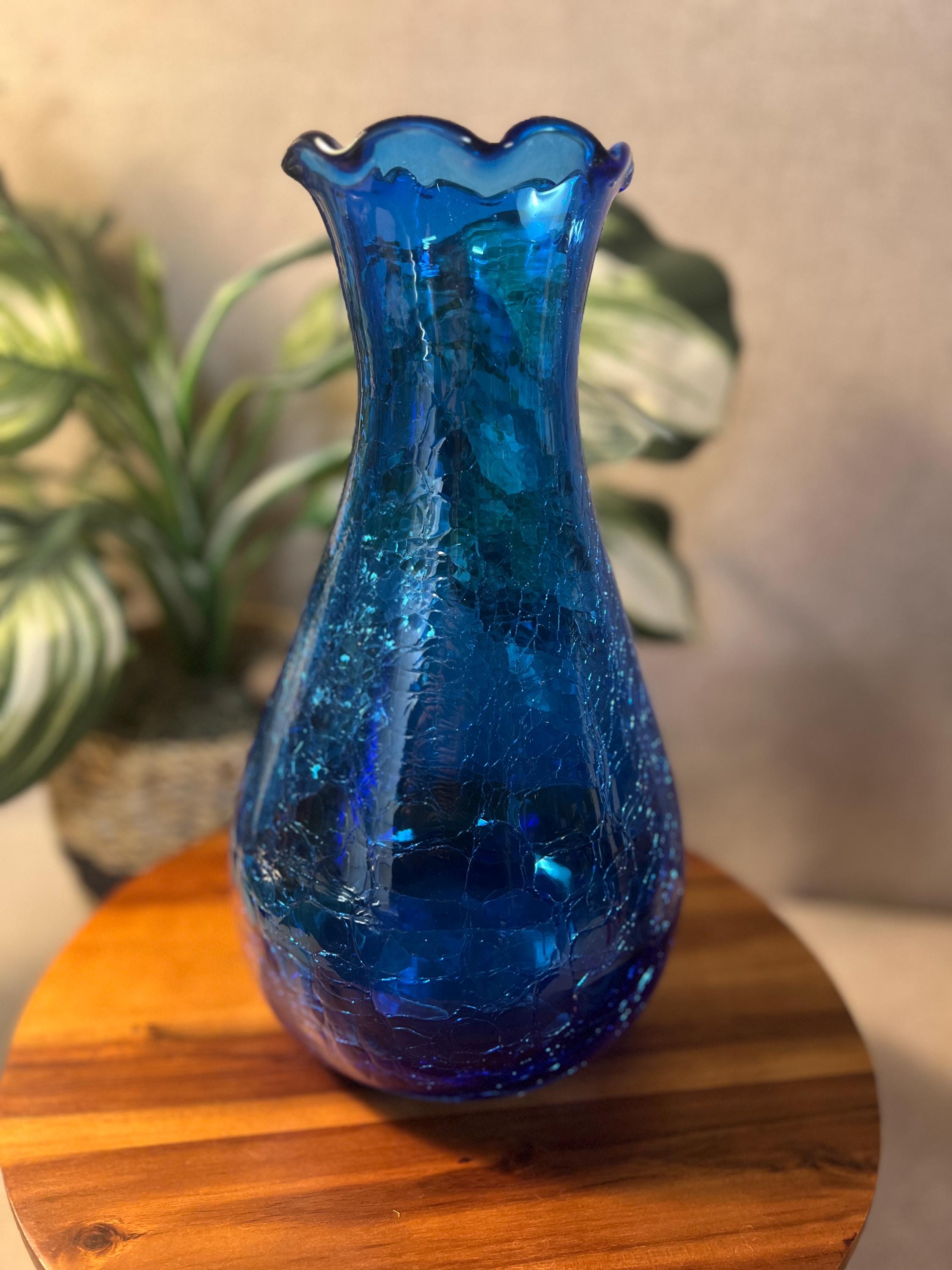 Vintage Blenko Blue Ruffled Top Crackle Vase with sticker signed Richard Blenko