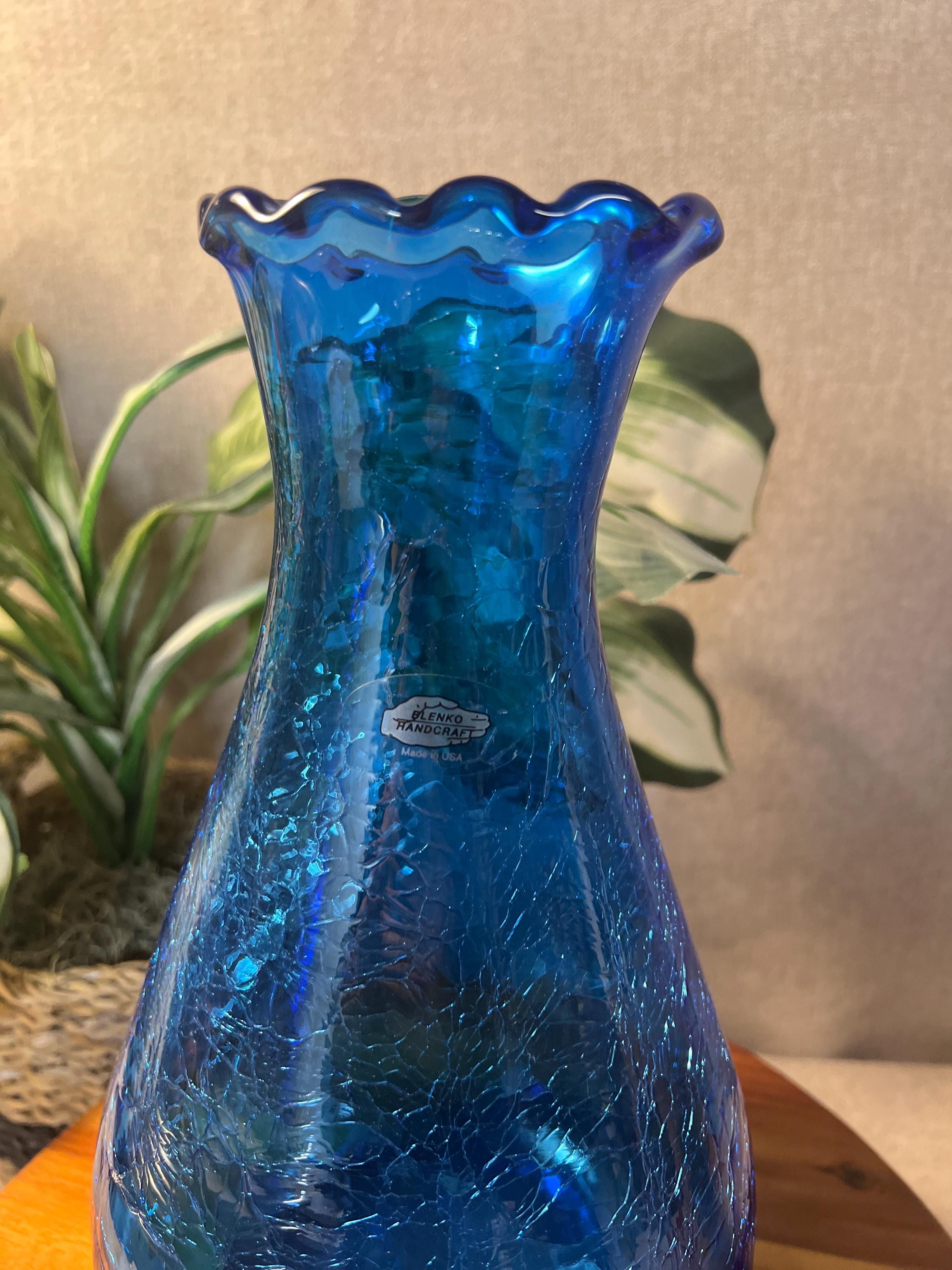 Vintage Blenko Blue Ruffled Top Crackle Vase with sticker signed Richard Blenko