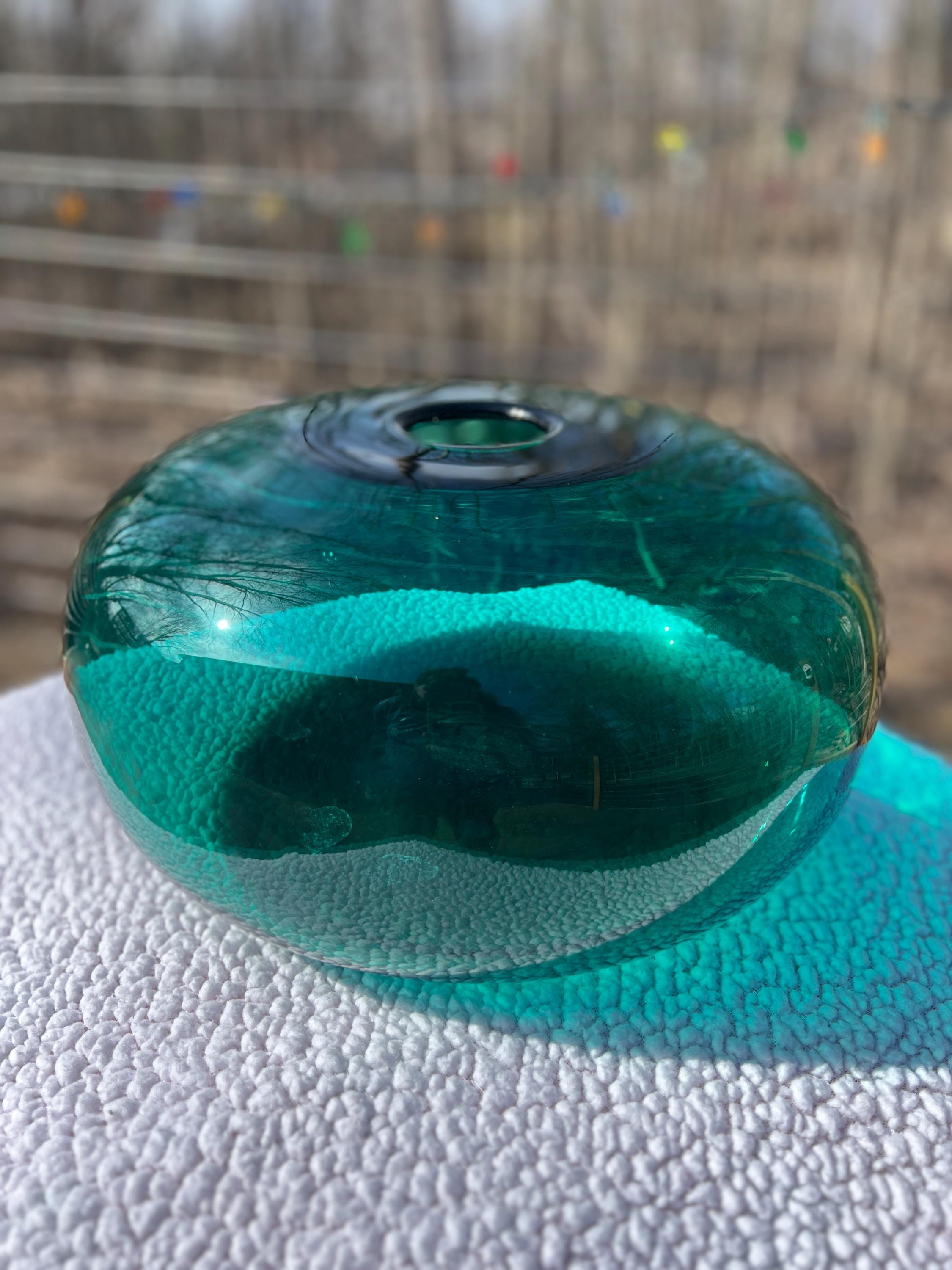 Vintage MCM Emerald Teal Green IKEA Stockholm Flat Orb Donut Vase 1990s 14w x 8.5t