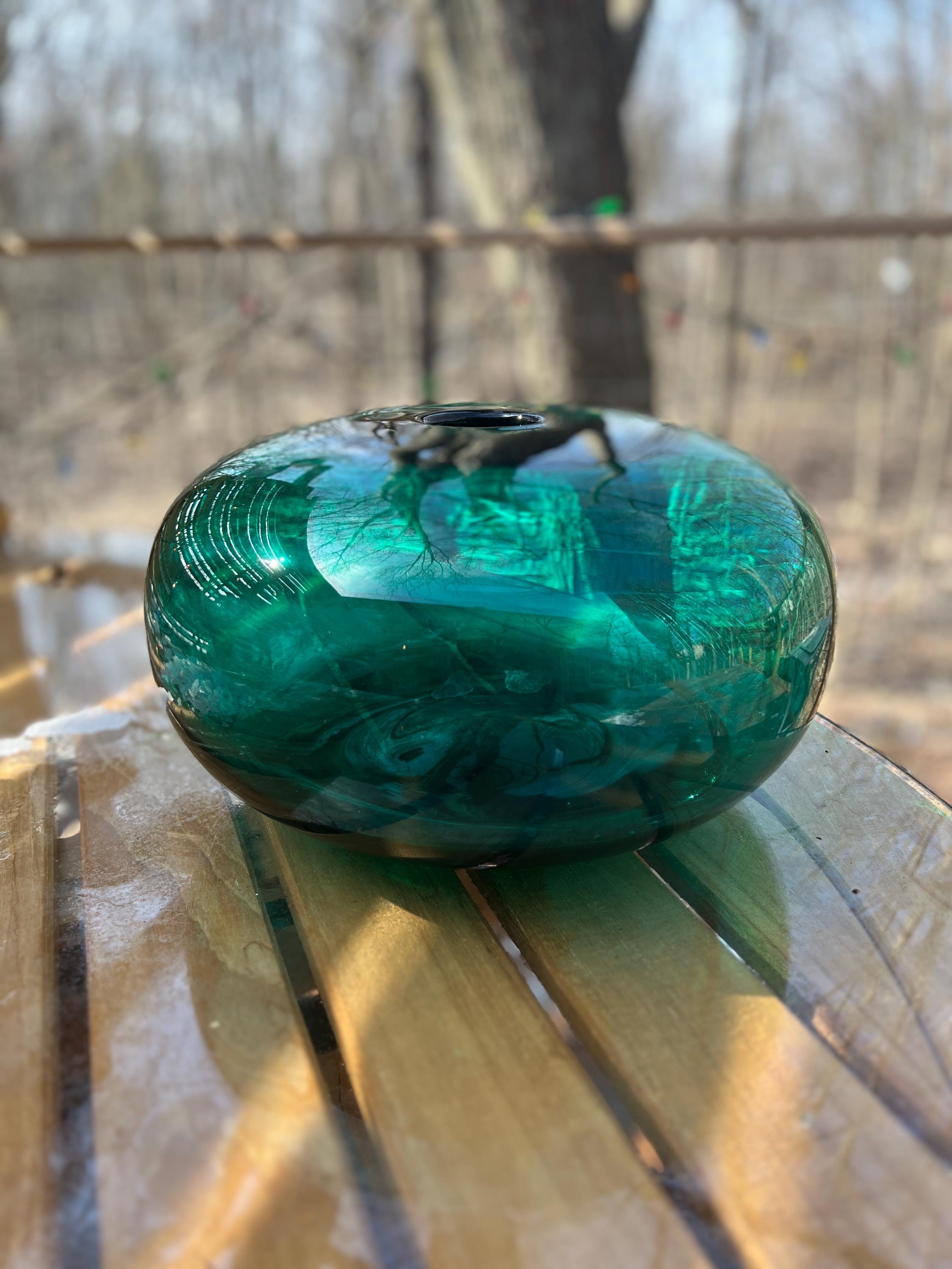 Vintage MCM Emerald Teal Green IKEA Stockholm Flat Orb Donut Vase 1990s 14w x 8.5t