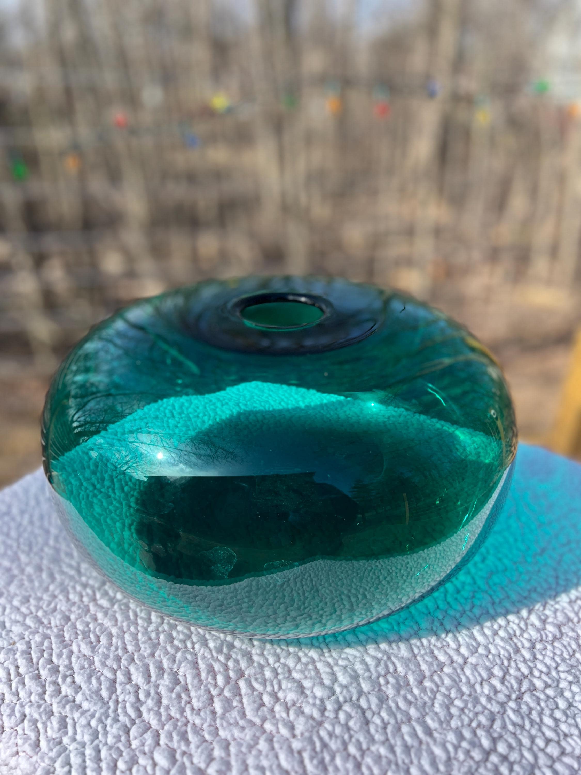 Vintage MCM Emerald Teal Green IKEA Stockholm Flat Orb Donut Vase 1990s 14w x 8.5t