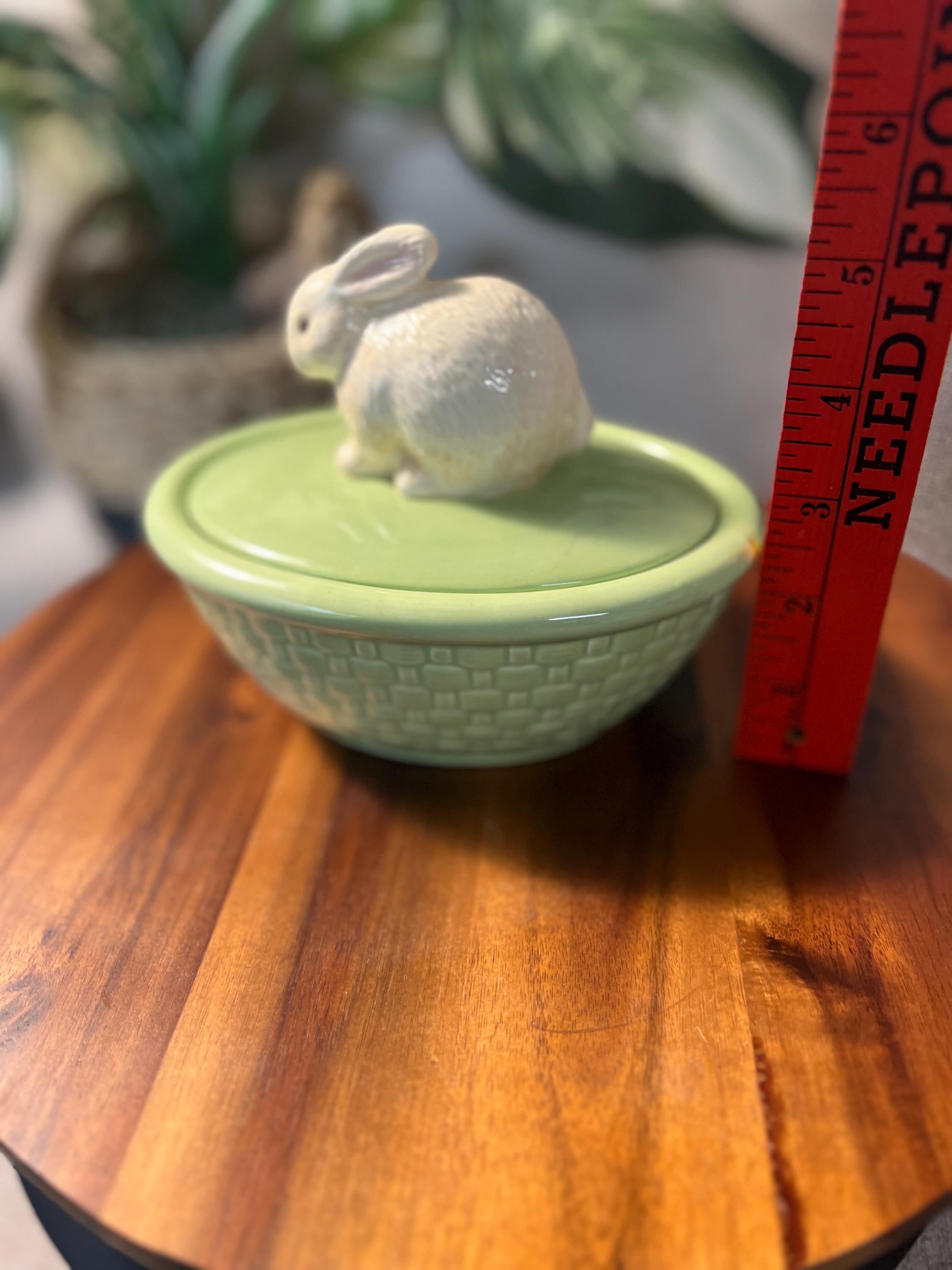 Vintage Hallmark Green Basket Weave Bowl with Bunny Lid