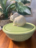 Vintage Hallmark Green Basket Weave Bowl with Bunny Lid