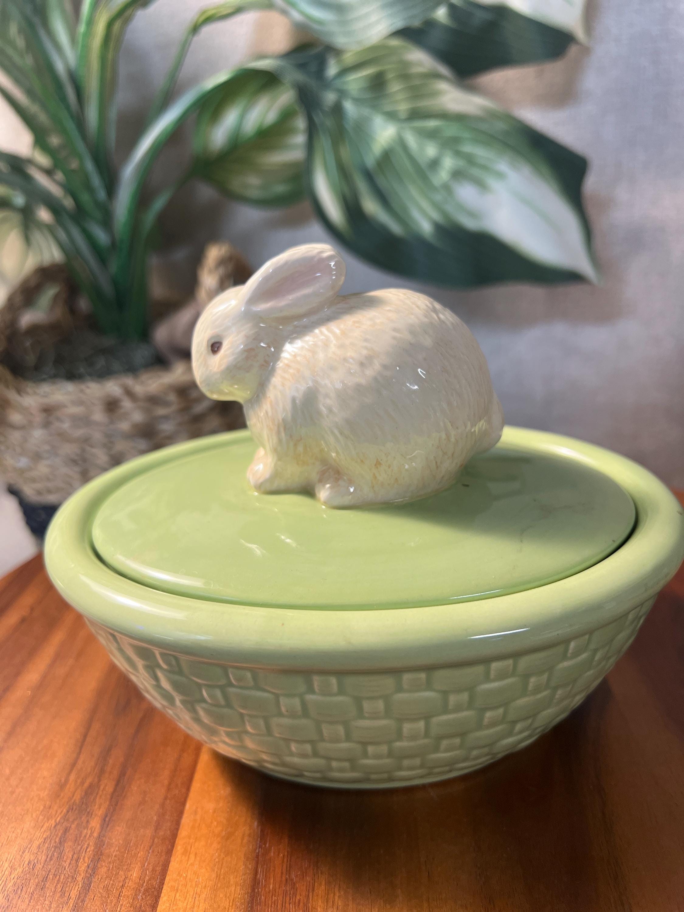 Vintage Hallmark Green Basket Weave Bowl with Bunny Lid