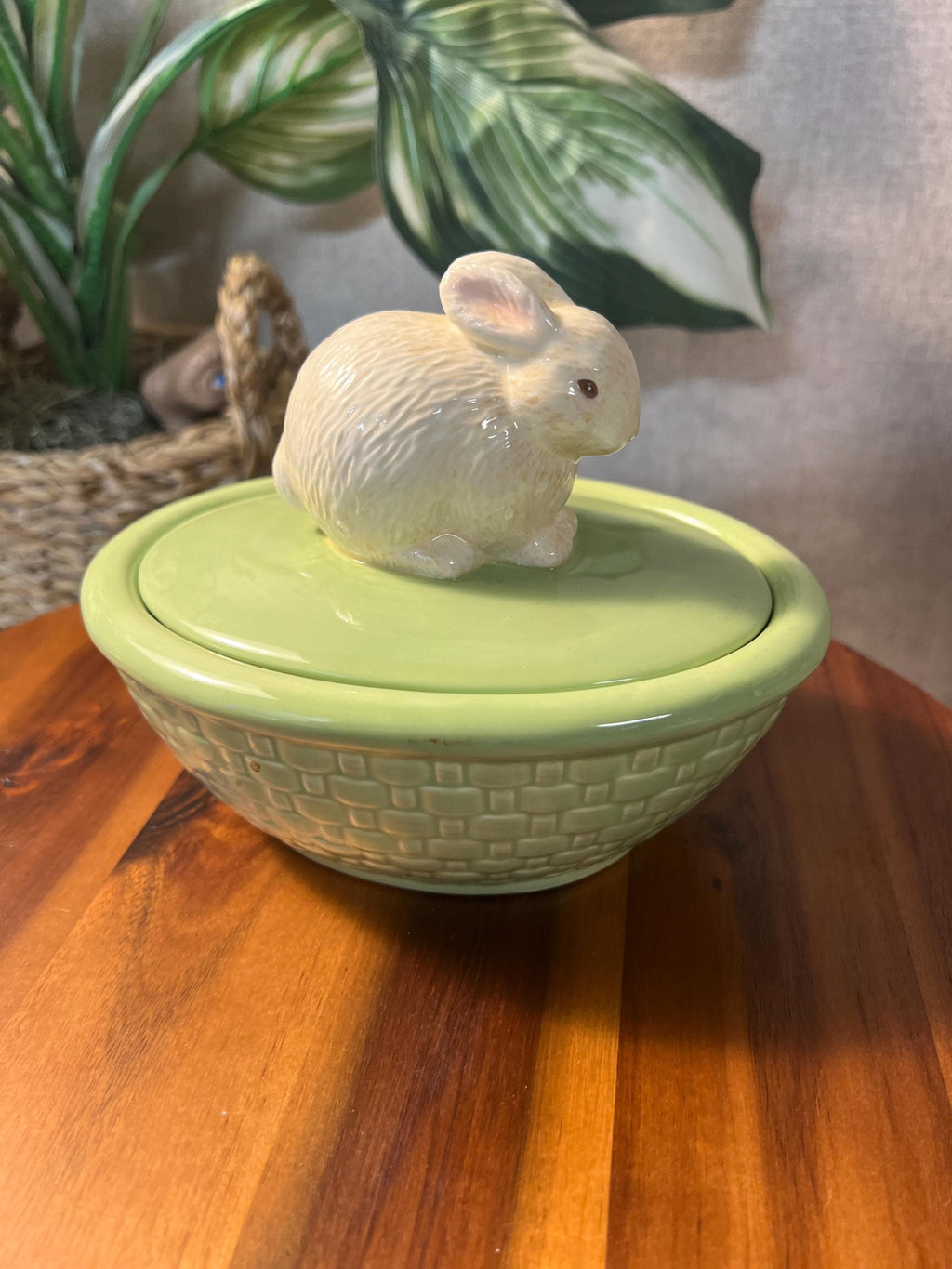 Vintage Hallmark Green Basket Weave Bowl with Bunny Lid