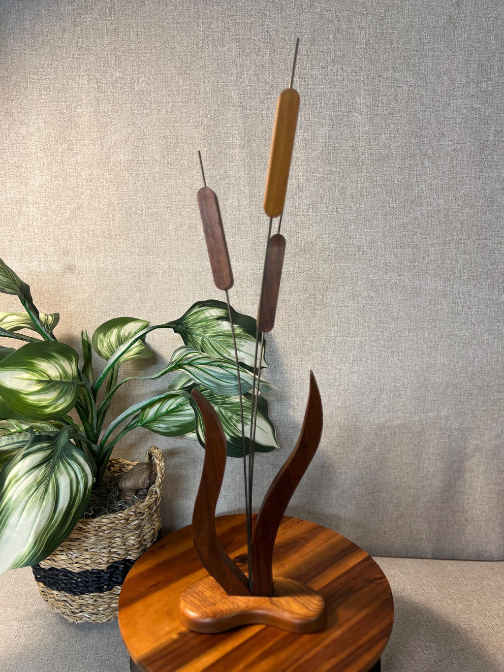 Vintage Wood Cattail Sculpture MCM Handcrafted Uniquely Wood 23" Tall