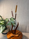 Vintage Wood Cattail Sculpture MCM Handcrafted Uniquely Wood 23" Tall