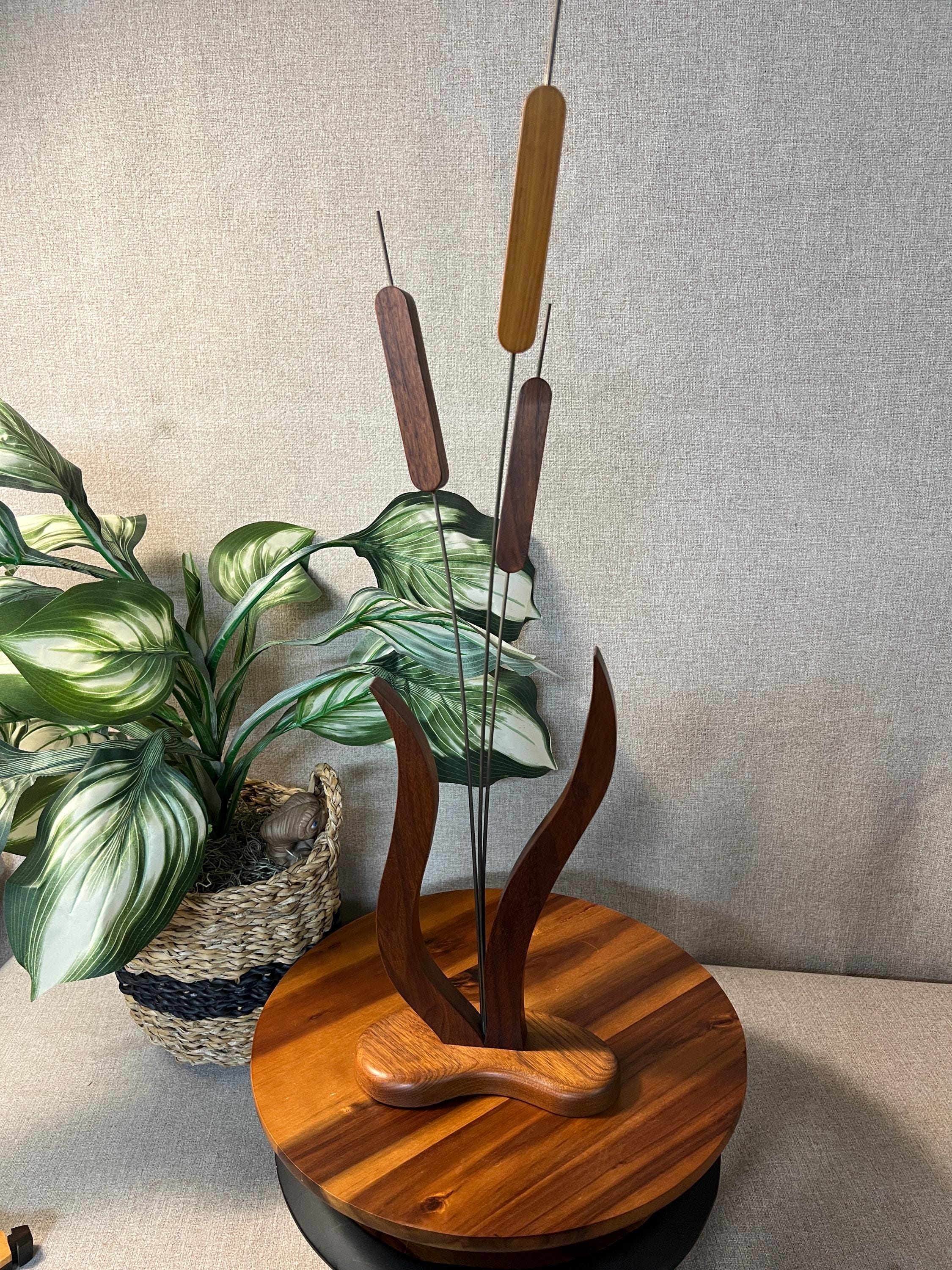 Vintage Wood Cattail Sculpture MCM Handcrafted Uniquely Wood 23" Tall