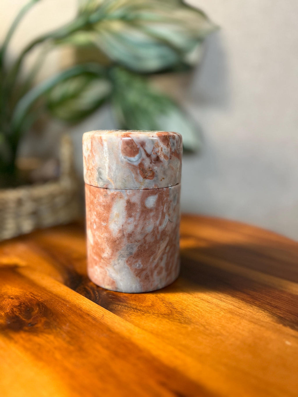 VTG Solid Marble Alabaster Round Cylinder Shape Canister Trinket Storage Box w/ Lid 5"