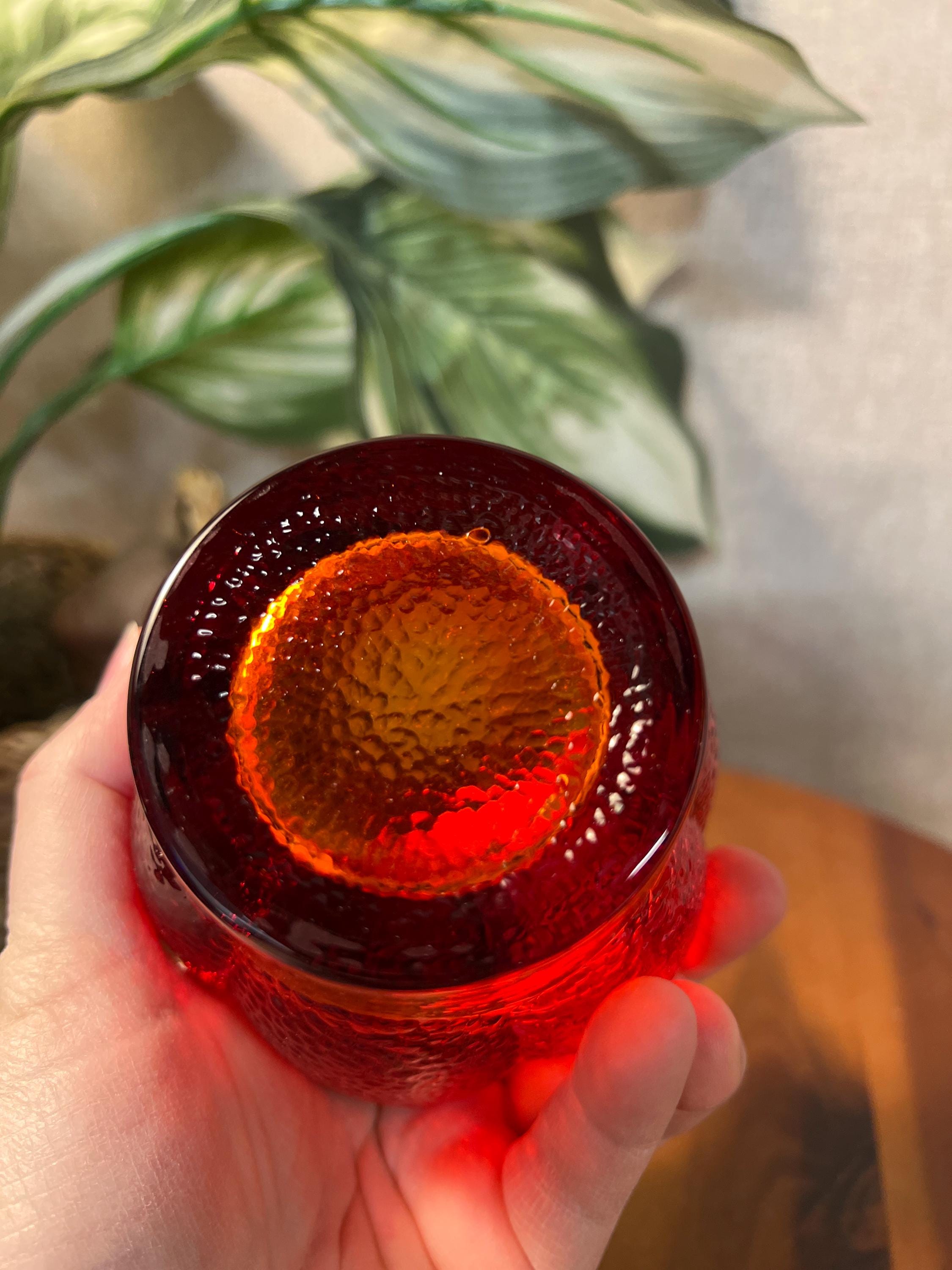 Vintage Viking Glass Amberina 6 Petal Votive Candle Holder Pebbled Texture 3"