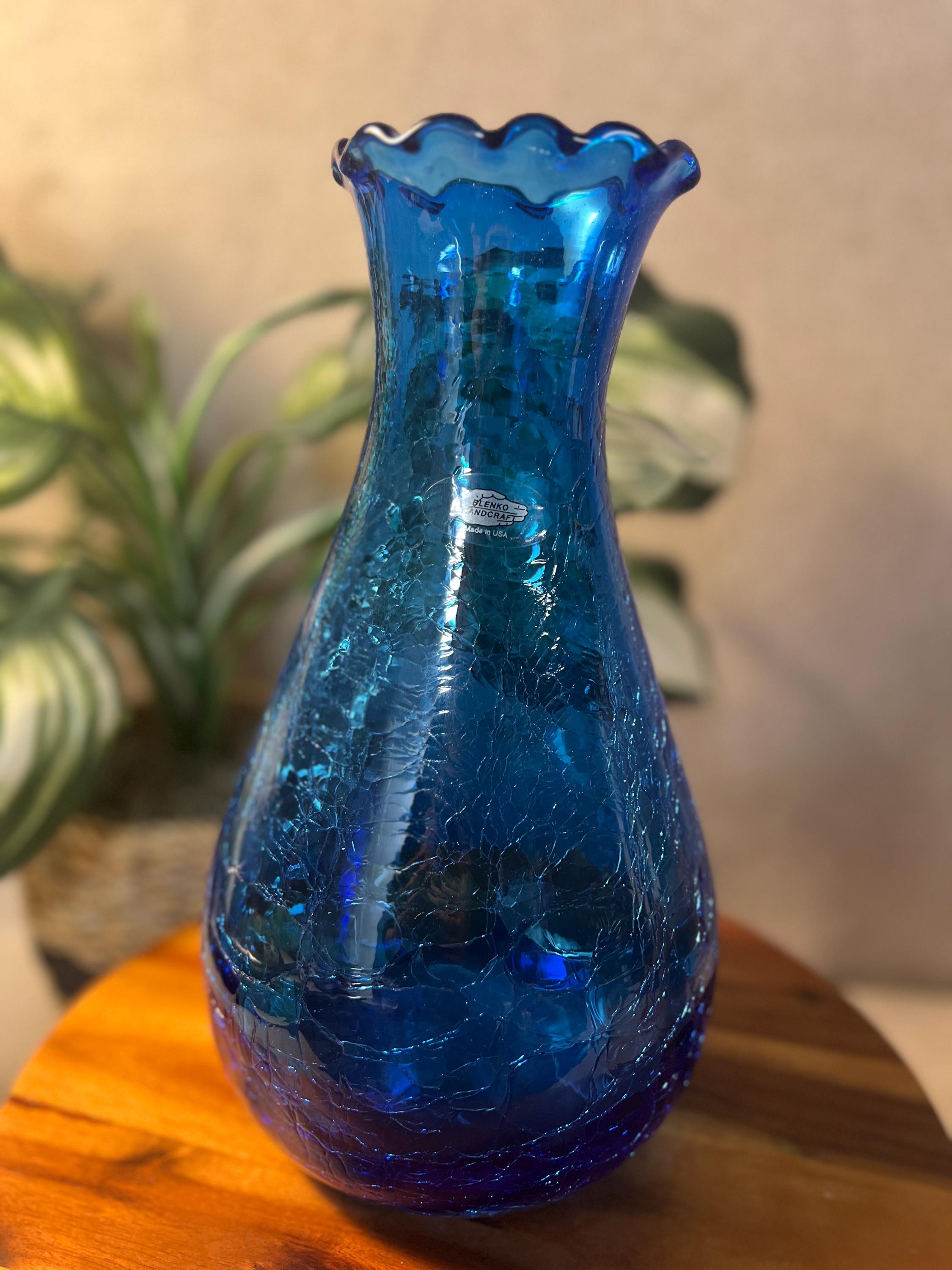 Vintage Blenko Blue Ruffled Top Crackle Vase with sticker signed Richard Blenko