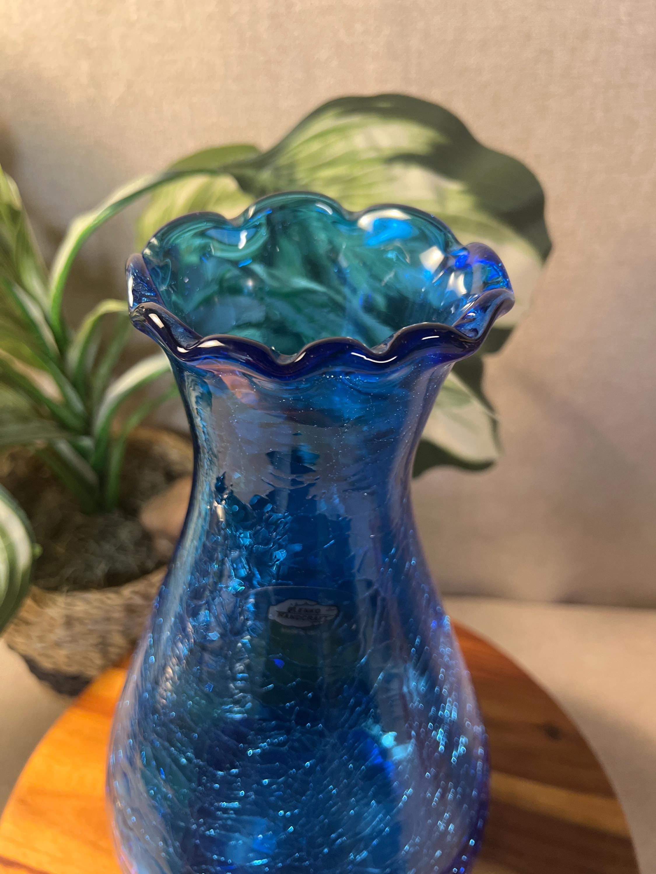 Vintage Blenko Blue Ruffled Top Crackle Vase with sticker signed Richard Blenko