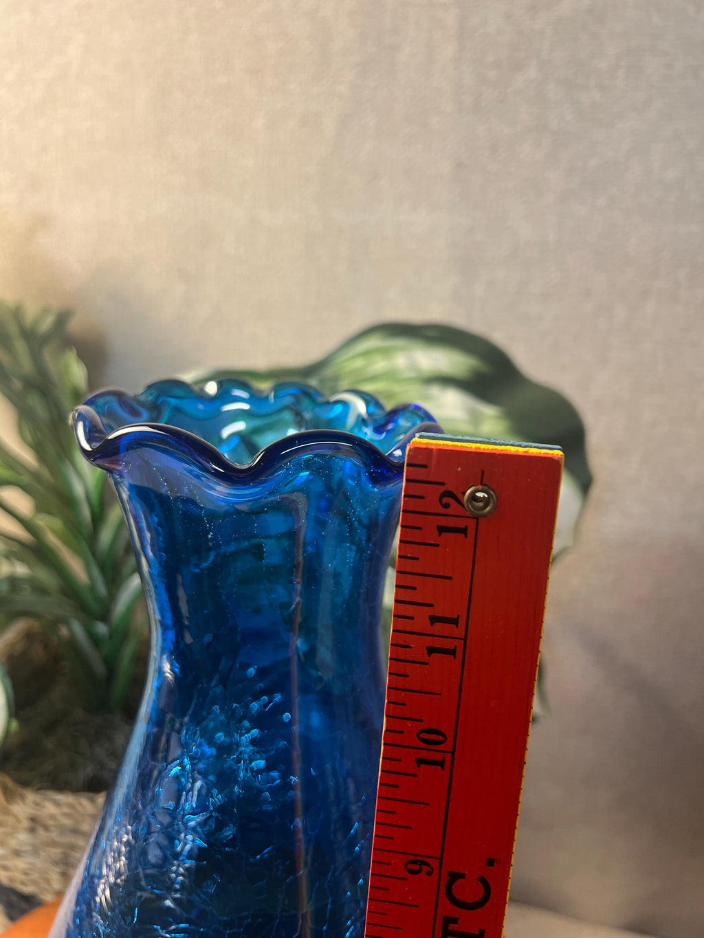 Vintage Blenko Blue Ruffled Top Crackle Vase with sticker signed Richard Blenko
