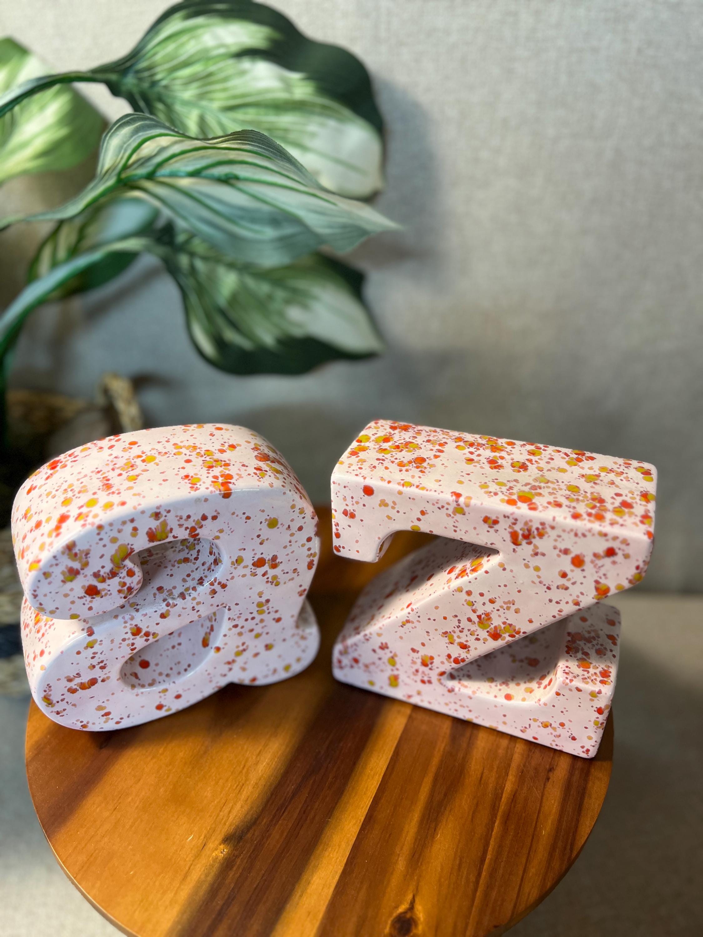 Vintage 1970s Curtis Jere Inspired "A and Z" Ceramic Glazed Fat Letter Bookends Pink glaze with drip glaze