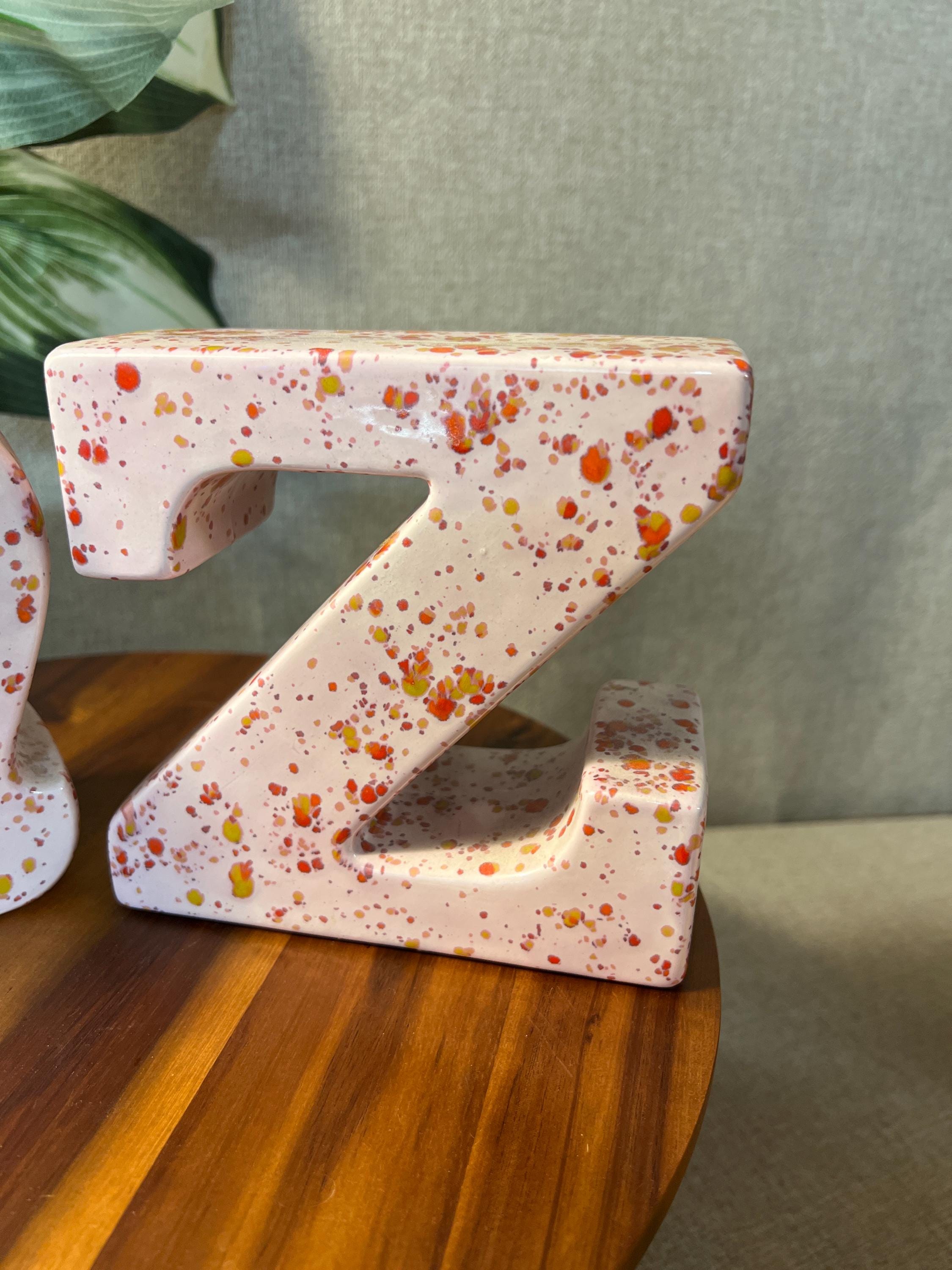 Vintage 1970s Curtis Jere Inspired "A and Z" Ceramic Glazed Fat Letter Bookends Pink glaze with drip glaze