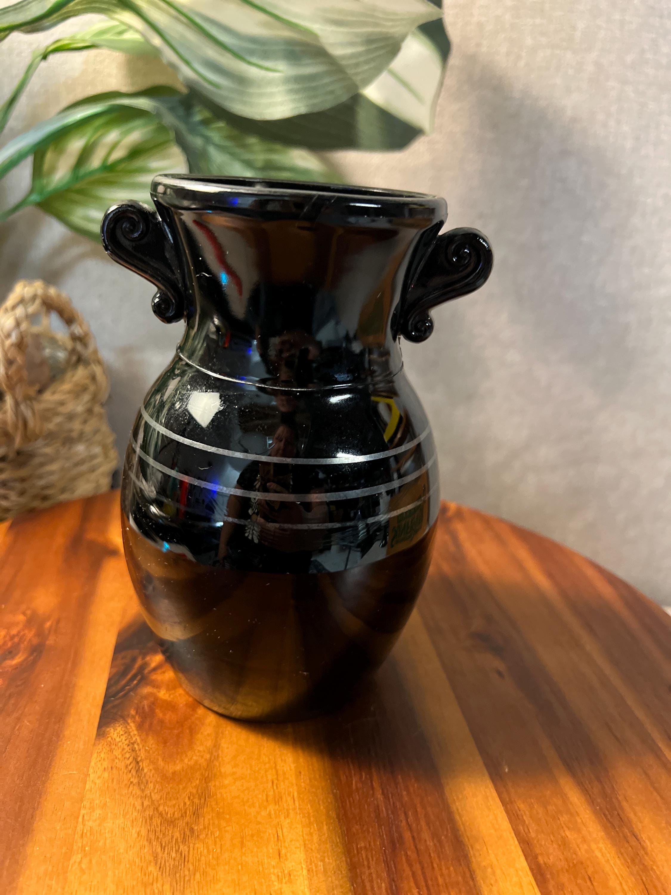 L.E. Smith Glass Co. Black Amethyst Glass Vase Double Ear Handles 3 Stripes
