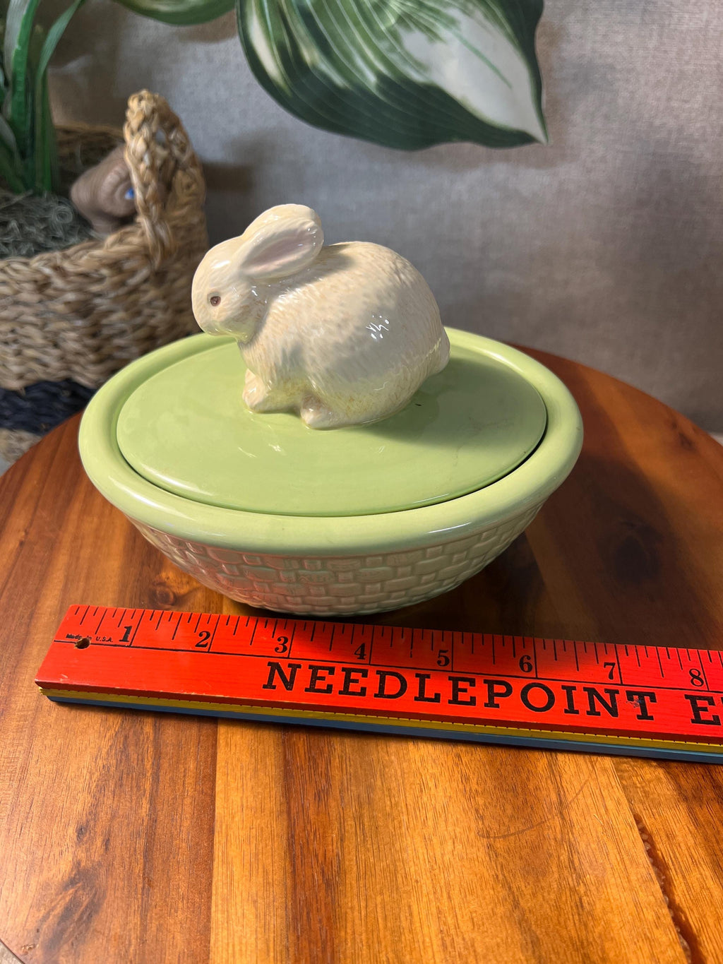 Vintage Hallmark Green Basket Weave Bowl with Bunny Lid