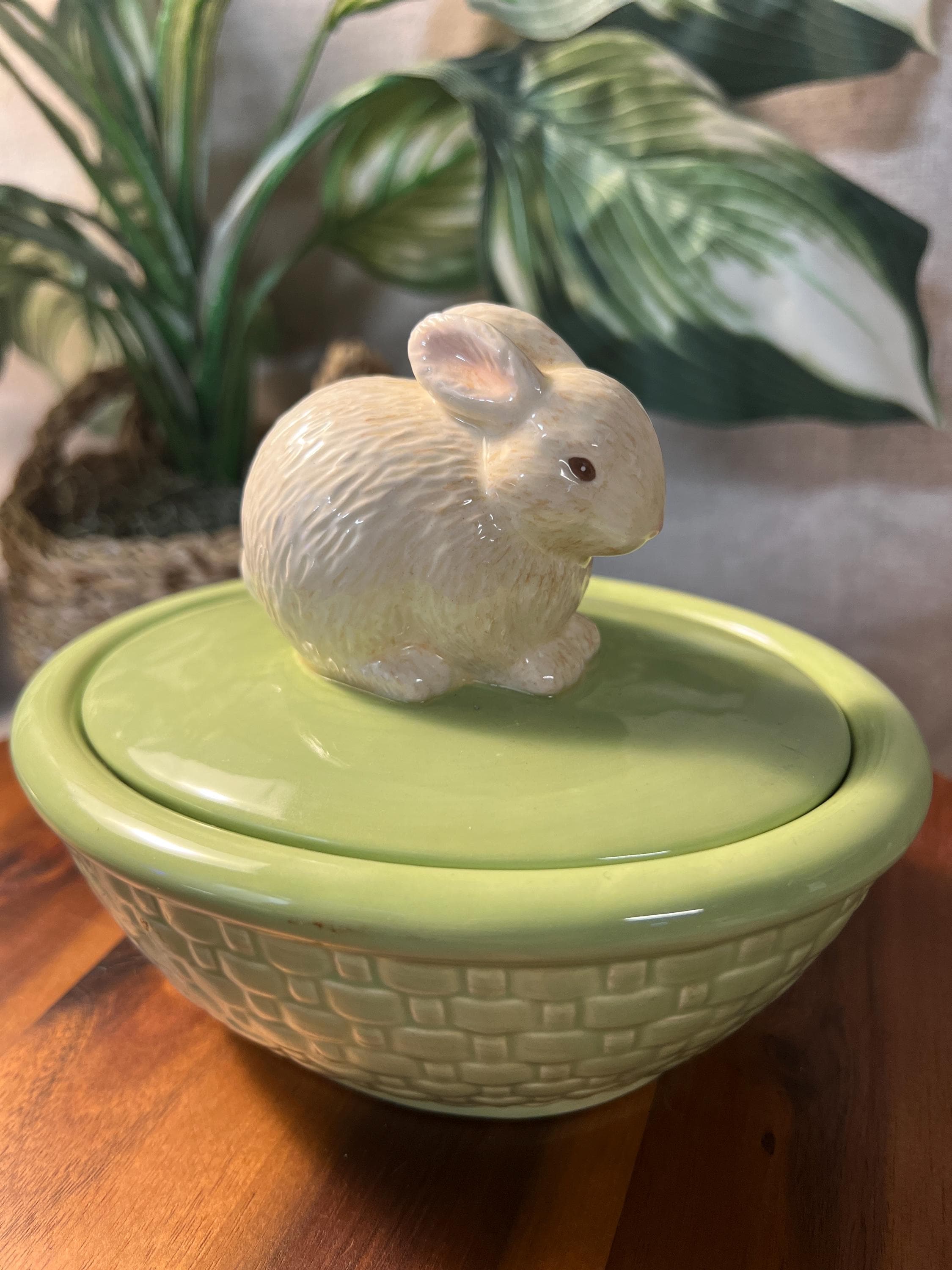 Vintage Hallmark Green Basket Weave Bowl with Bunny Lid