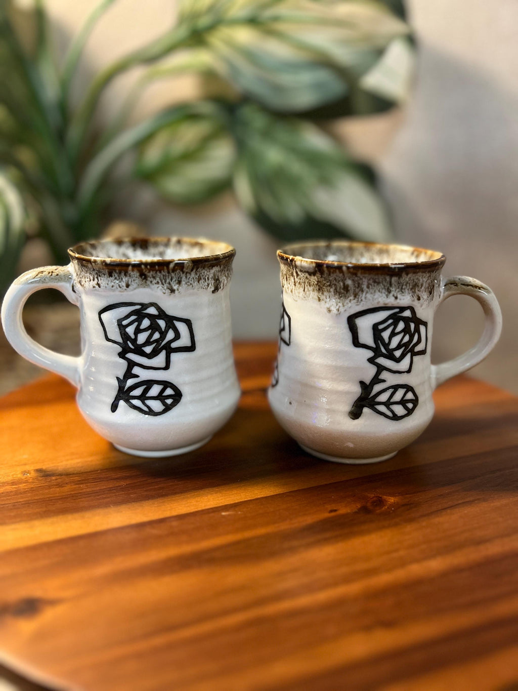 Vintage Embossed Floral Pottery Coffee Mugs Set Of 2 Made In Japan 4"H x 3"W