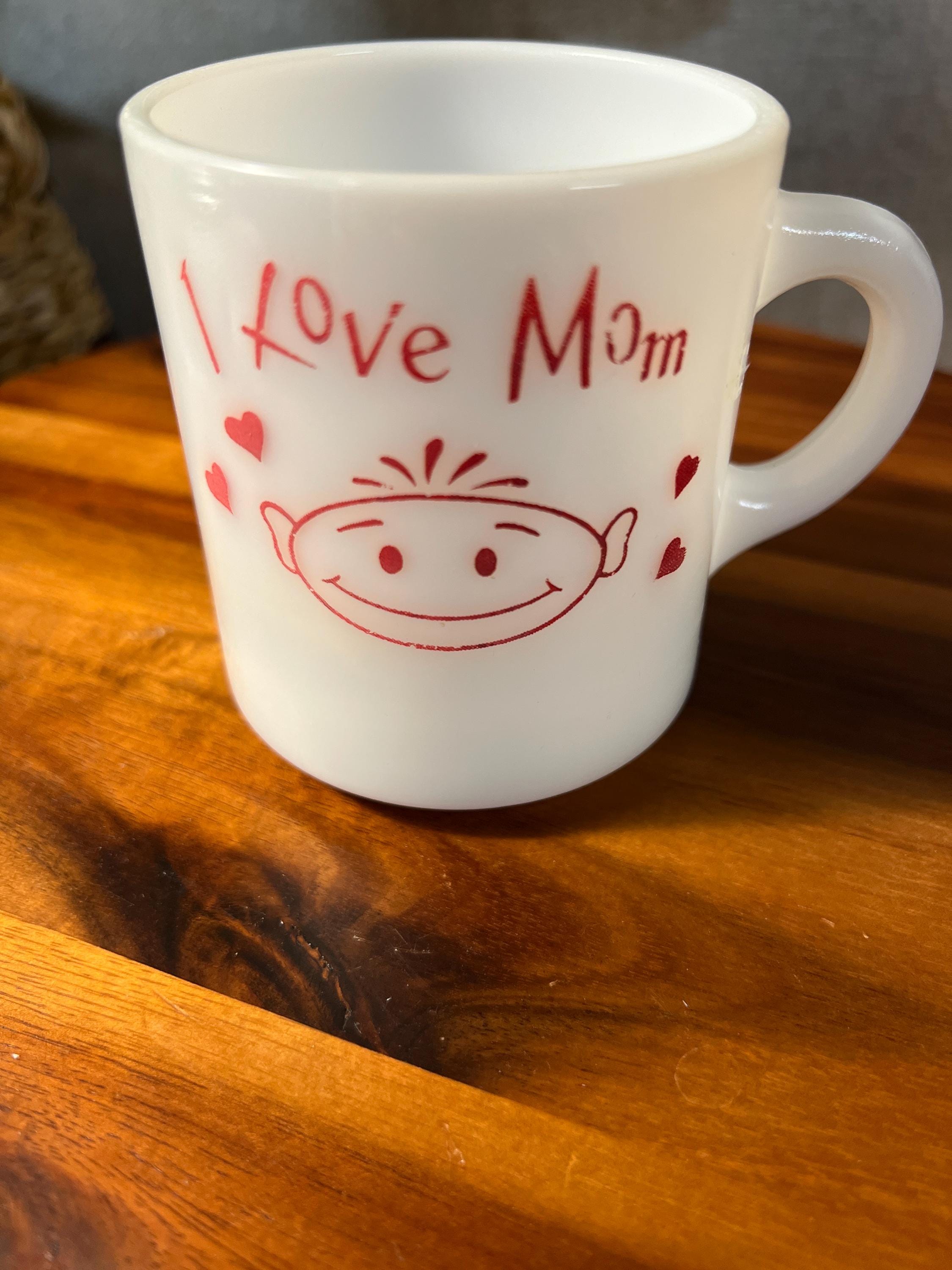 Vintage Milk Glass Coffee Cup Mug I LOVE MOM 8 oz White w Red Script Mothers Day