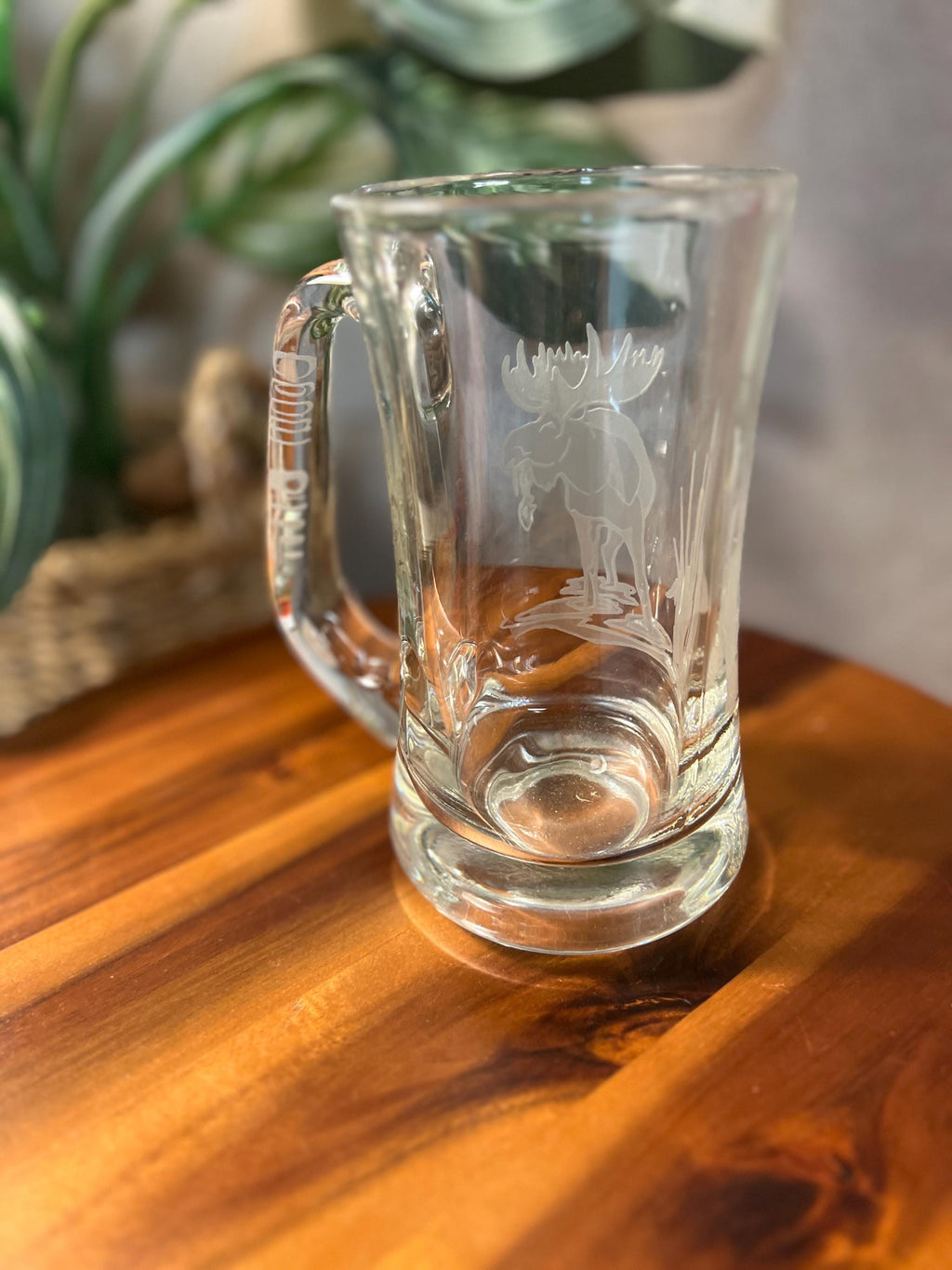 VTG Glass Mug Stein w Elk Etched Glass 6" tall