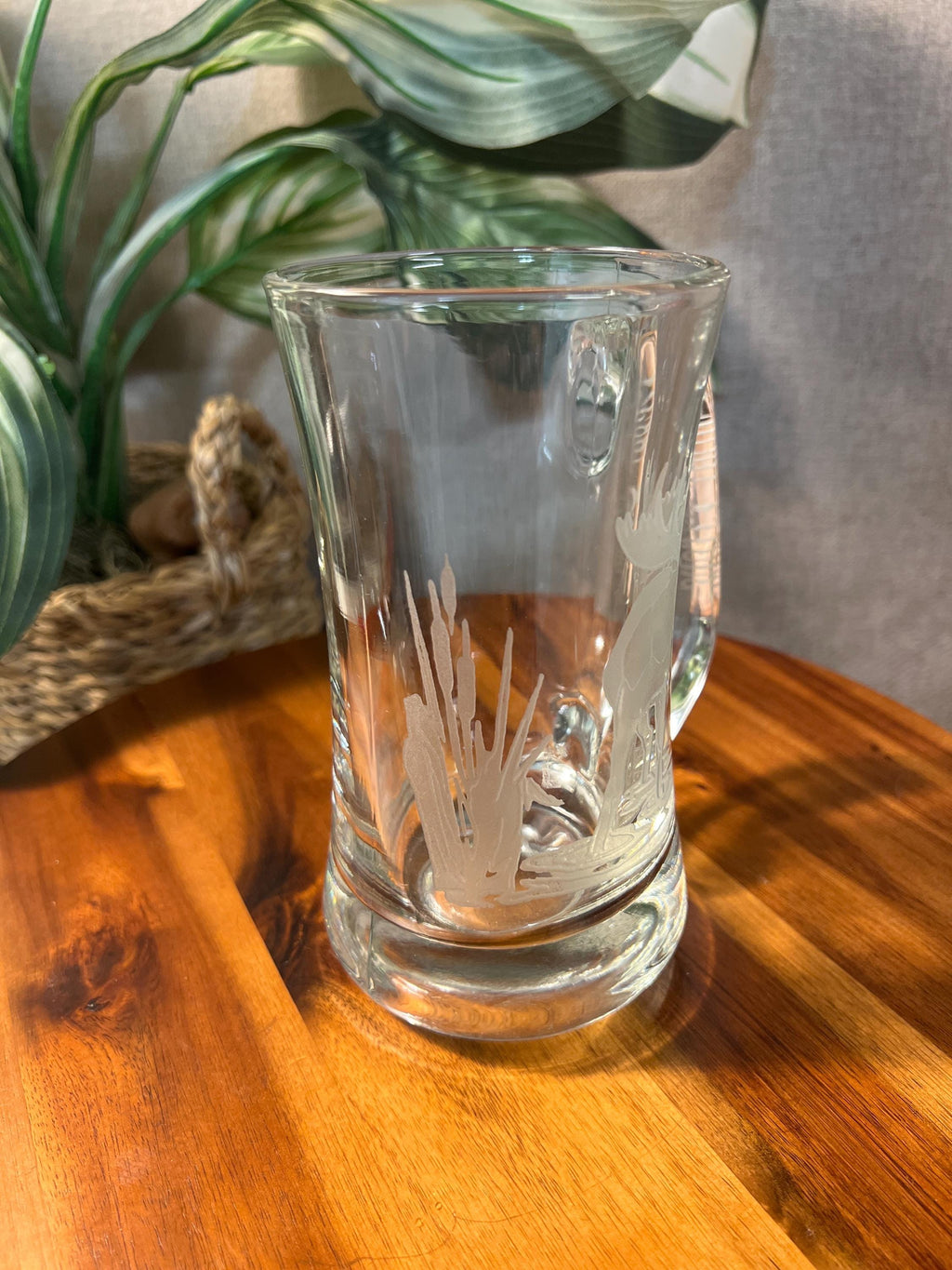 VTG Glass Mug Stein w Elk Etched Glass 6" tall