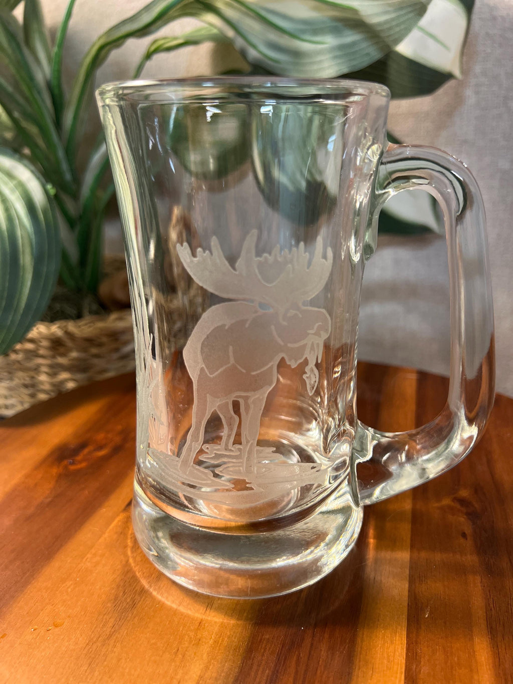 VTG Glass Mug Stein w Elk Etched Glass 6" tall