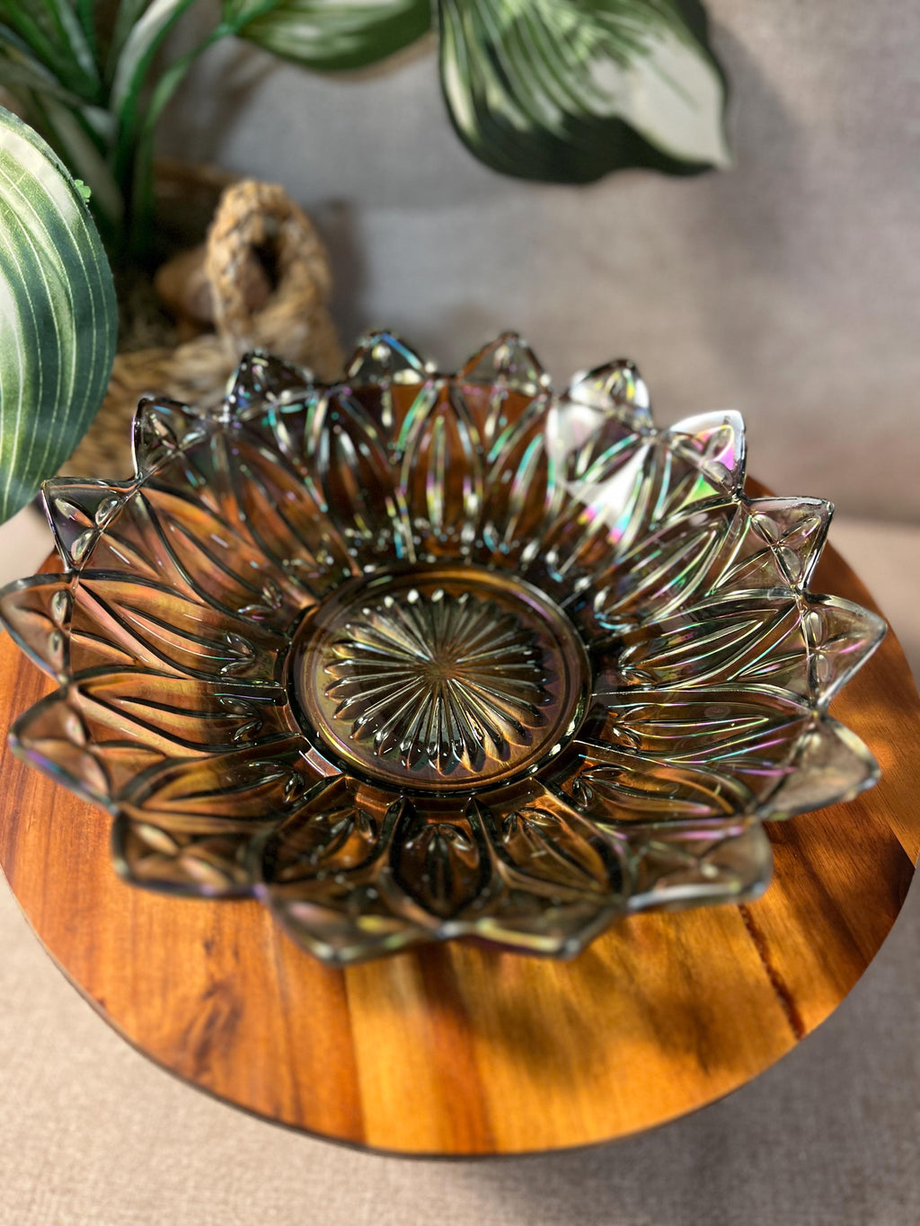 VTG Carnival Glass, Federal Glass Smokey Iridescent Flower Bowl Grey, Gray Bowl