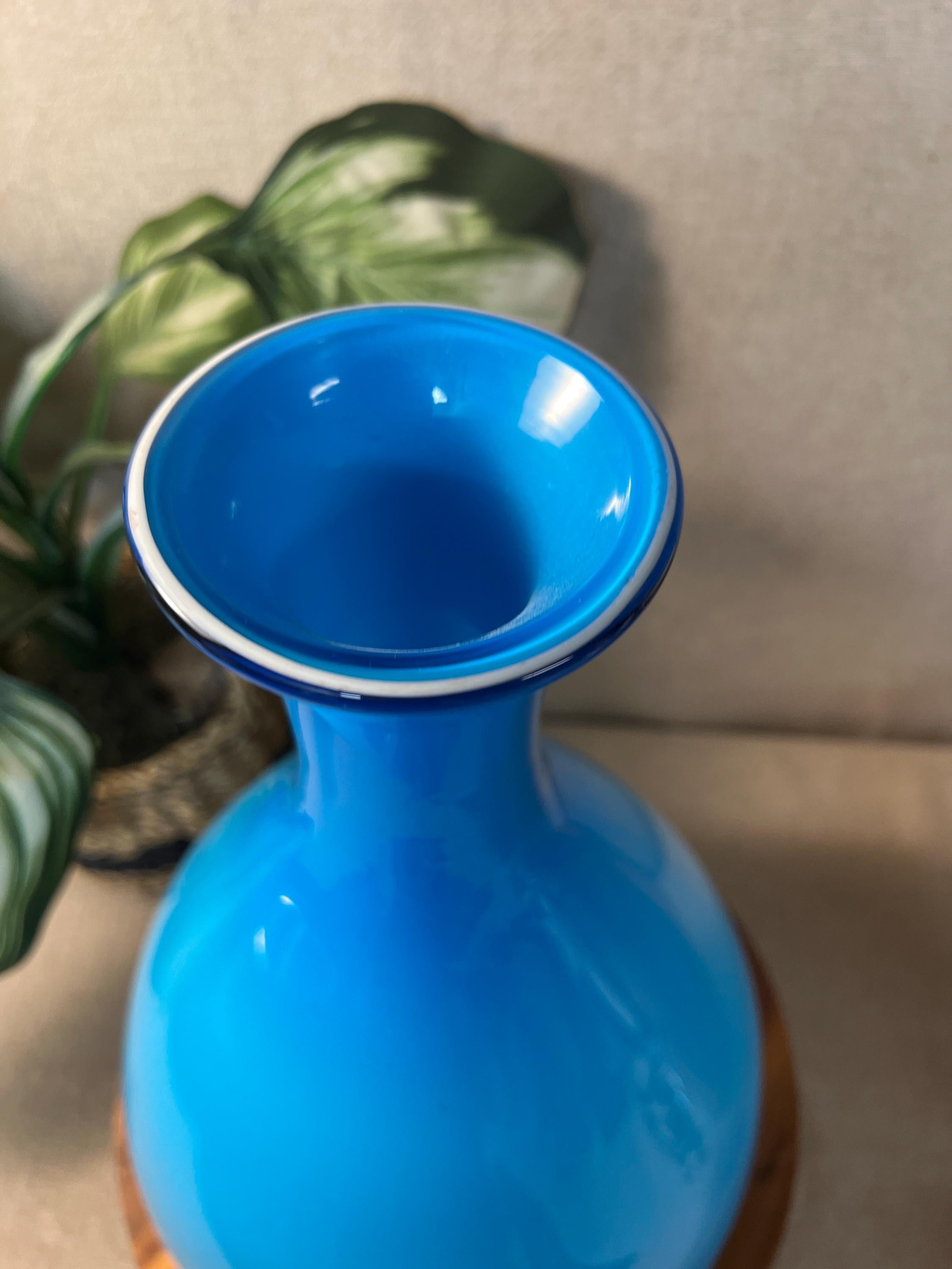 Vintage Mid Century Cased Glass Vase Blue MCM Possibly Holmegaard 15.5