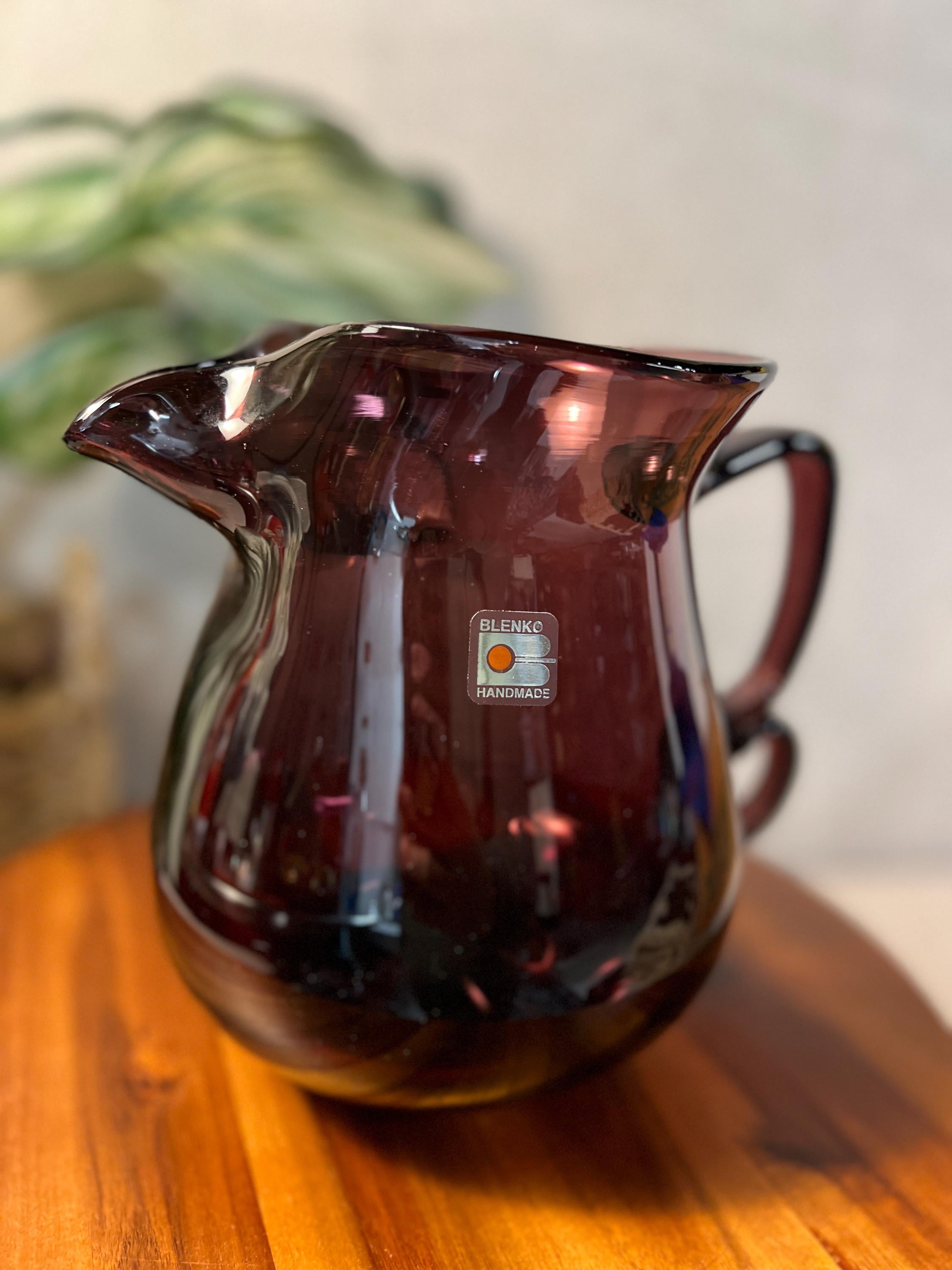 Blenko Double Handle Purple Hand Blown Glass Pitcher