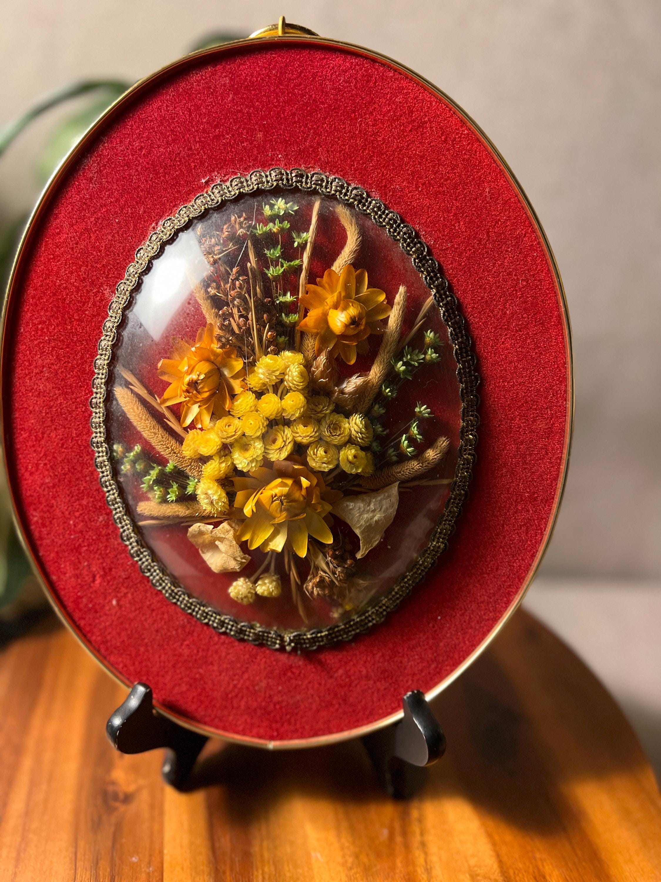 Dried Flowers Bouquet In Curved Glass Framed Wall Art Vintage Oval Ribbon Hanger