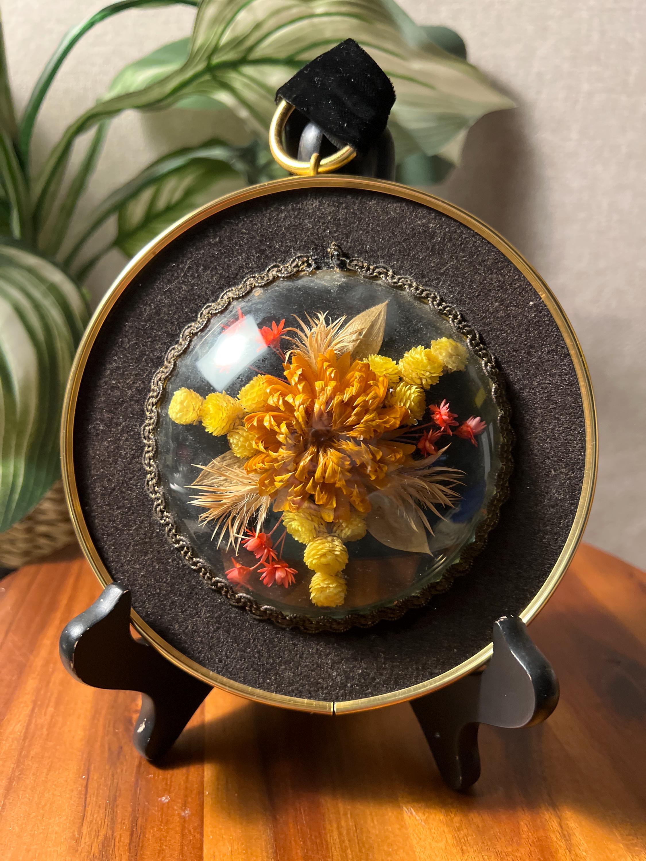 Dried Flowers Bouquet In Curved Glass Framed Wall Art Vintage Ribbon Hanger