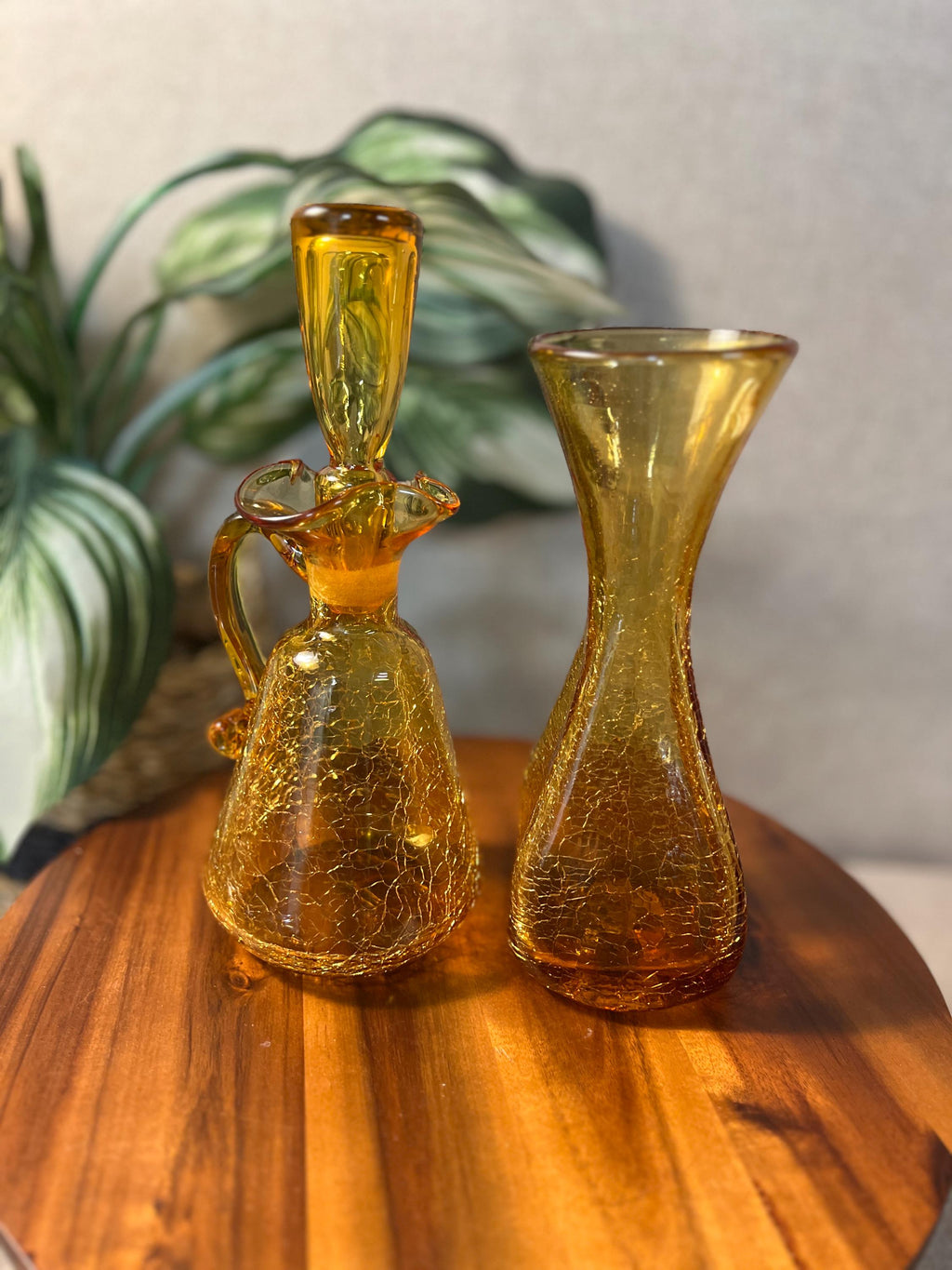 Vintage - Set of 2, Amber Glass , Ruffled Crackle Pitcher Decanter possibly not matching stopper and Crackle Glass VaseRainbow or Pilgrim