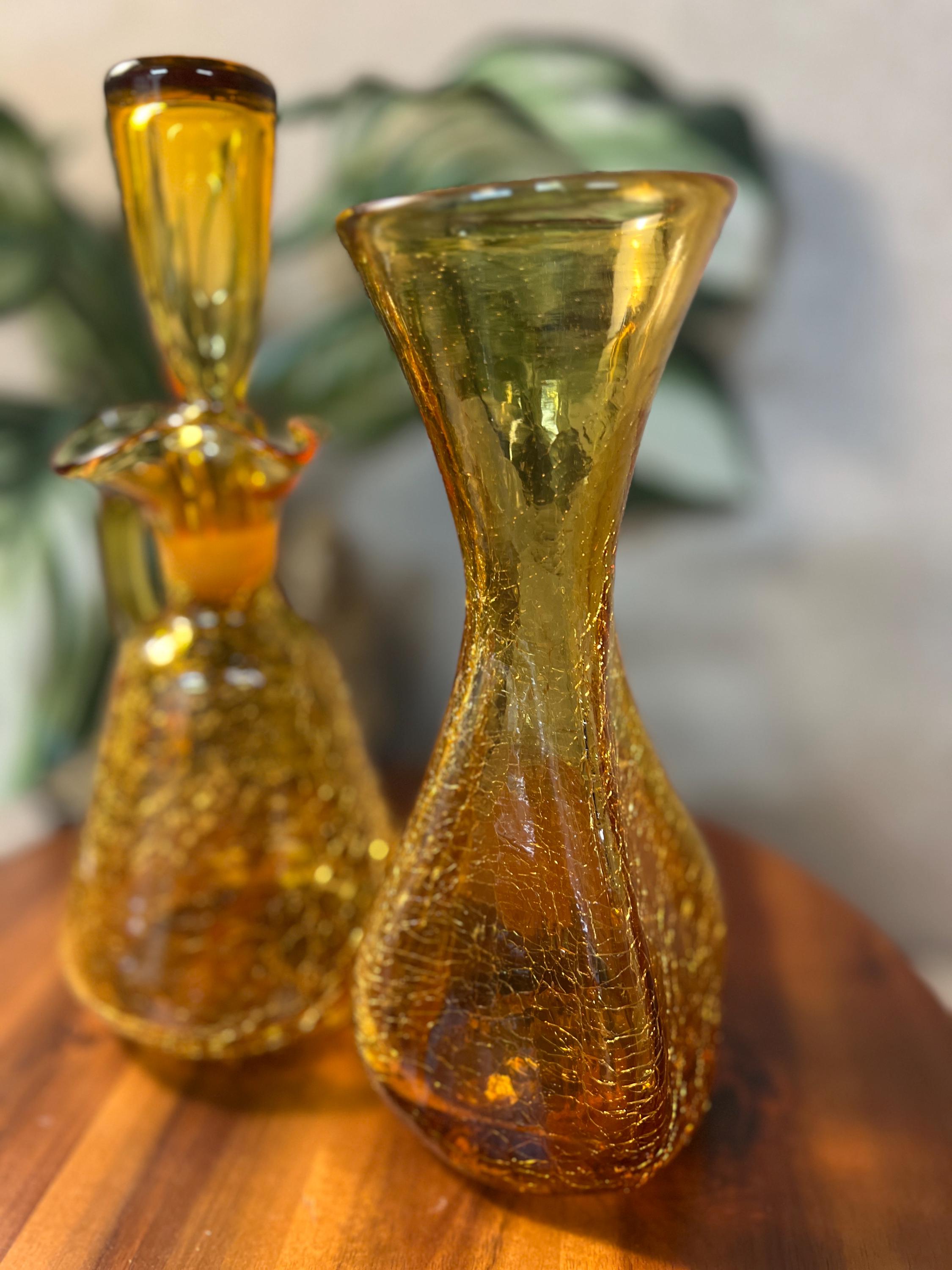 Vintage - Set of 2, Amber Glass , Ruffled Crackle Pitcher Decanter possibly not matching stopper and Crackle Glass VaseRainbow or Pilgrim