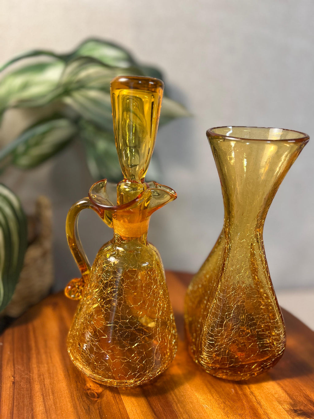 Vintage - Set of 2, Amber Glass , Ruffled Crackle Pitcher Decanter possibly not matching stopper and Crackle Glass VaseRainbow or Pilgrim